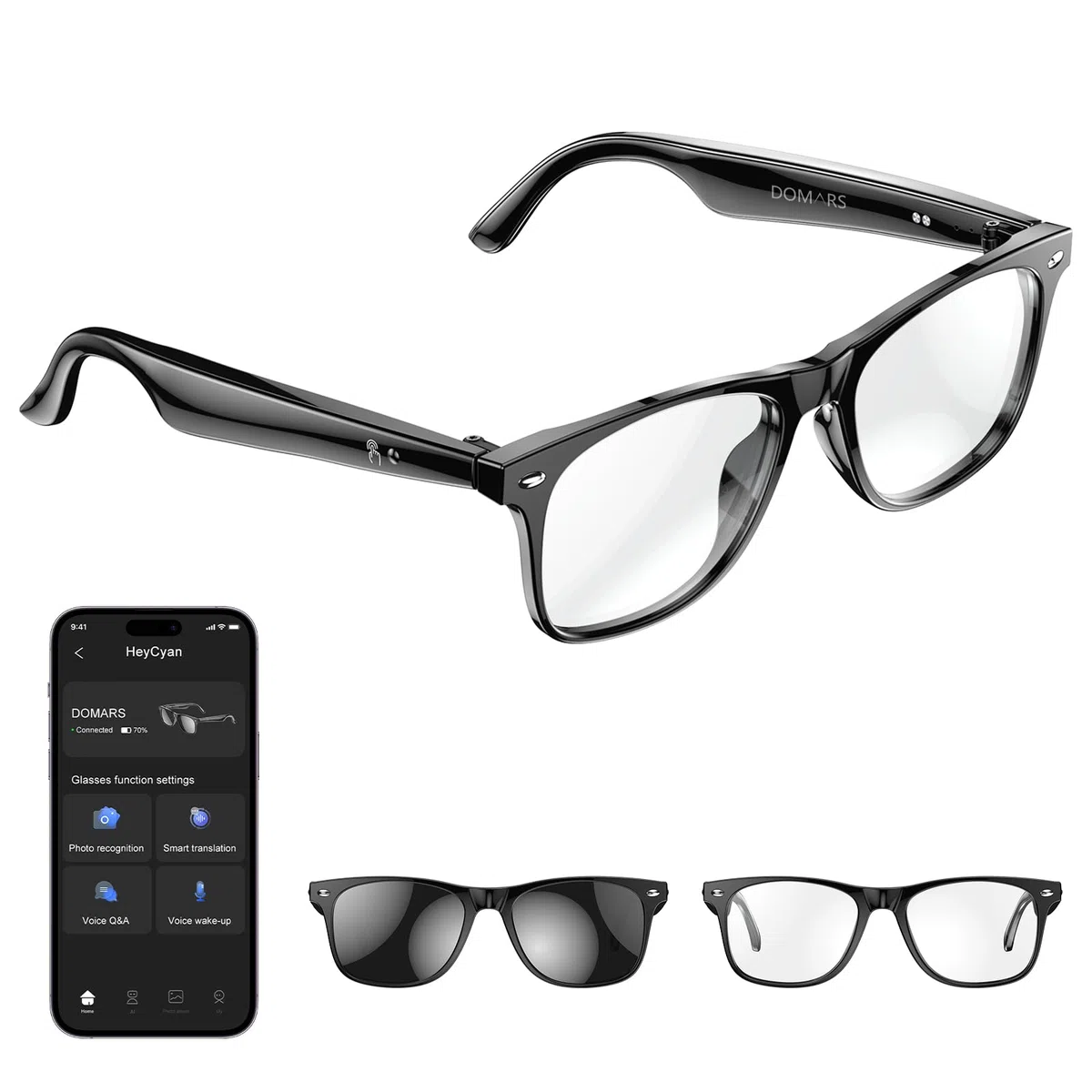 Occhiali intelligenti AI con traduzione in tempo reale in 163 lingue, assistente vocale intelligente, note vocali, servizio fotografico remoto, batteria 10H, IP65, audio a conduzione dell'aria