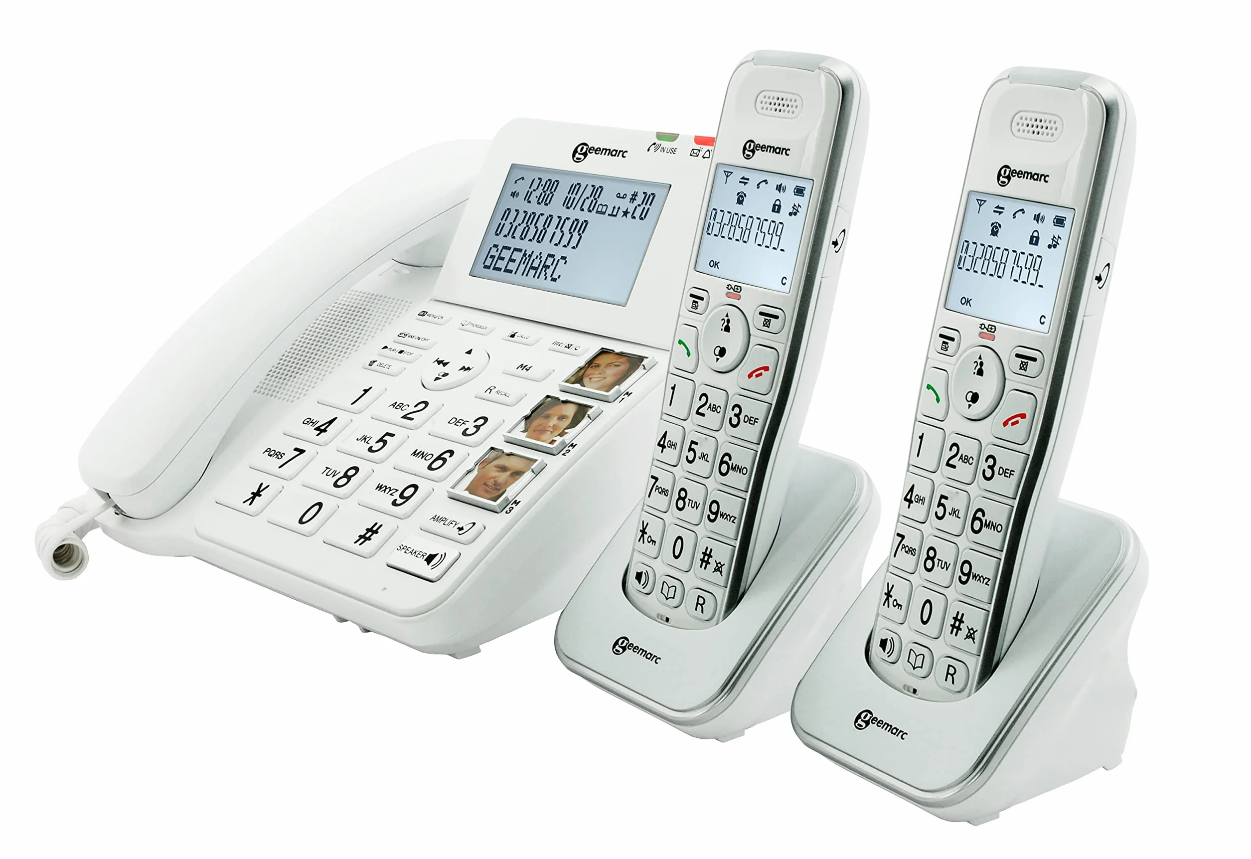 Geemarc Amplidect 295 Combi Duo - Telefono Fisso Amplificato e Relativi Portatili Aggiuntivi con Segreteria Telefonica, Squillo Forte e Tasti Grandi per Anziani - Ipoacusia Media o Bassa - Versione IT