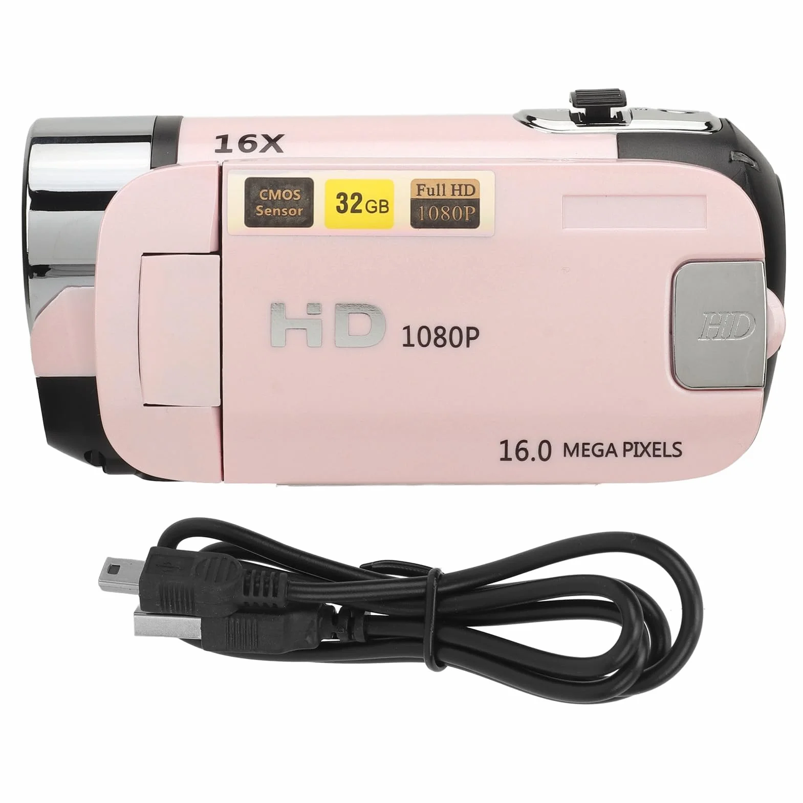 Videocamera digitale HD 1080p, 16 MP, zoom digitale 16x, schermo rotante da 2,4", stabilizzazione dell'immagine elettronica, timelapse, supporto microfono esterno e treppiede (fino a 128 GB)