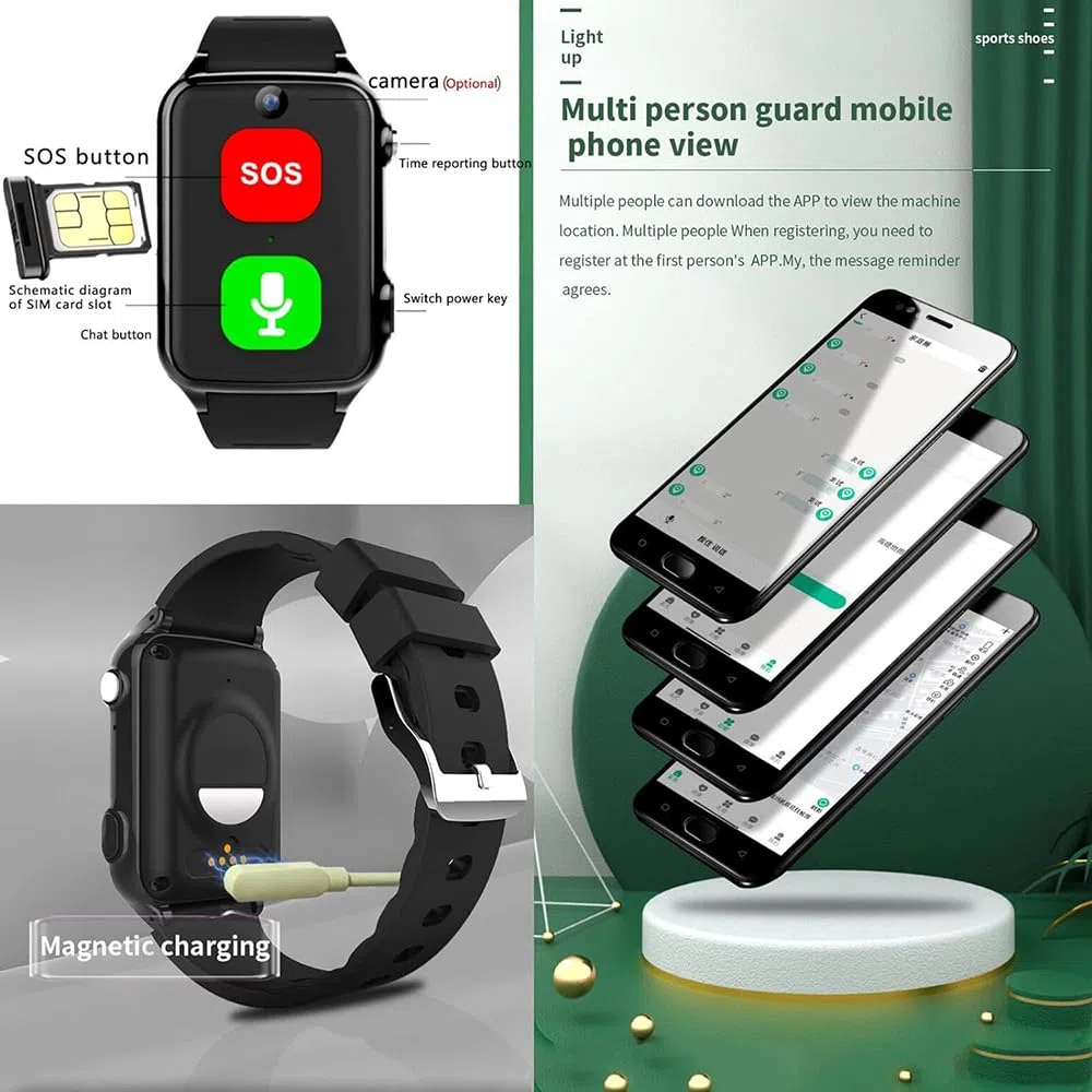 Braccialetto per chiamate di emergenza, impermeabile, 4 G, con fotocamera, pulsante SOS, promemoria caduta, cardiofrequenzimetro, per Alzheimer e demenza