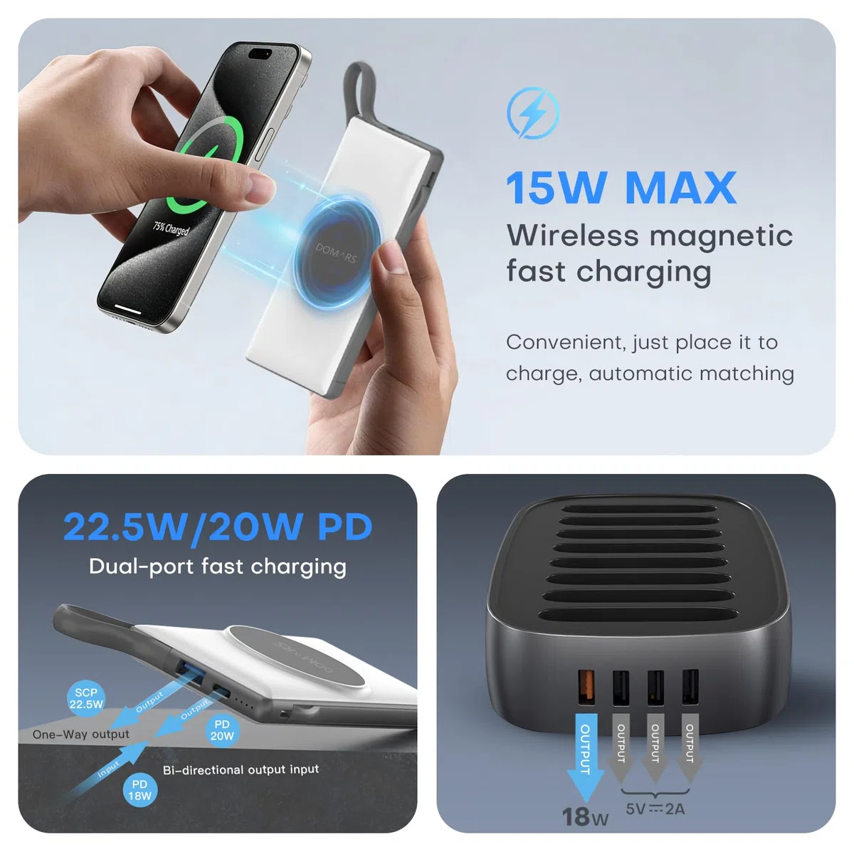 Stazione ricarica,Power Bank Magnetico 8x 10000 mAh, Caricatore Portatile, Ricarica Magnetica, Doppio Cavo Integrato Type-C, 12 Protezioni per iPhone 17/16/15/14/13/12 Serie (Bianco)