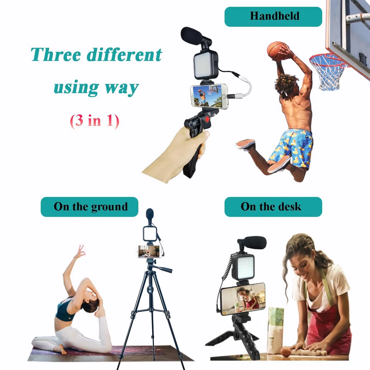 Kit di vlogging per iPhone, kit di vlogging per telefono Android, YouTube Starter Kit con due treppiedi luce microfono telecomando e adattatore jack