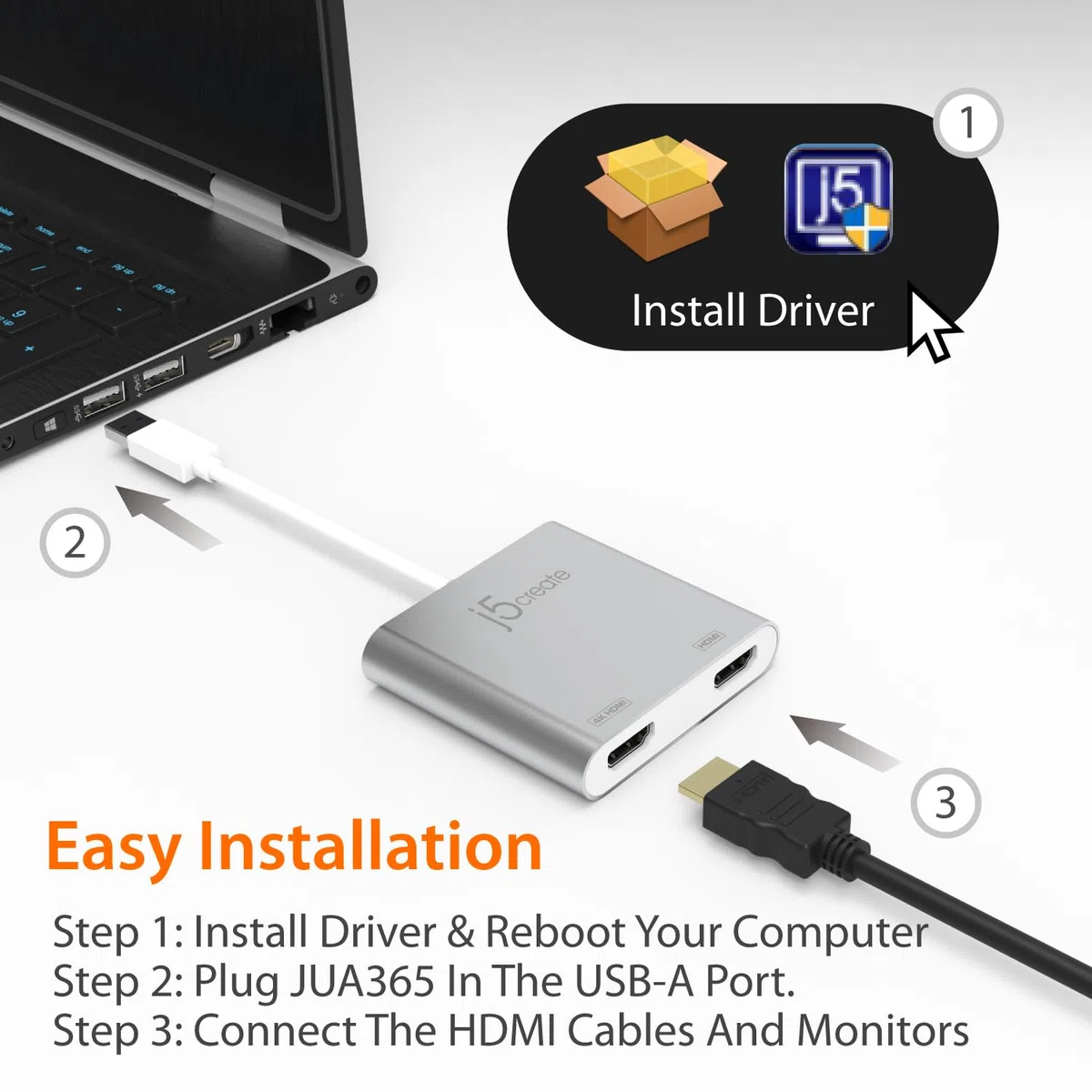 j5create Adattatore da USB Tipo A a doppio HDMI - Convertitore multi display HDMI doppio | 4K Ultra HD + 1080p Full HD | Compatibile con Windows, Mac, MacBook (JUA365)