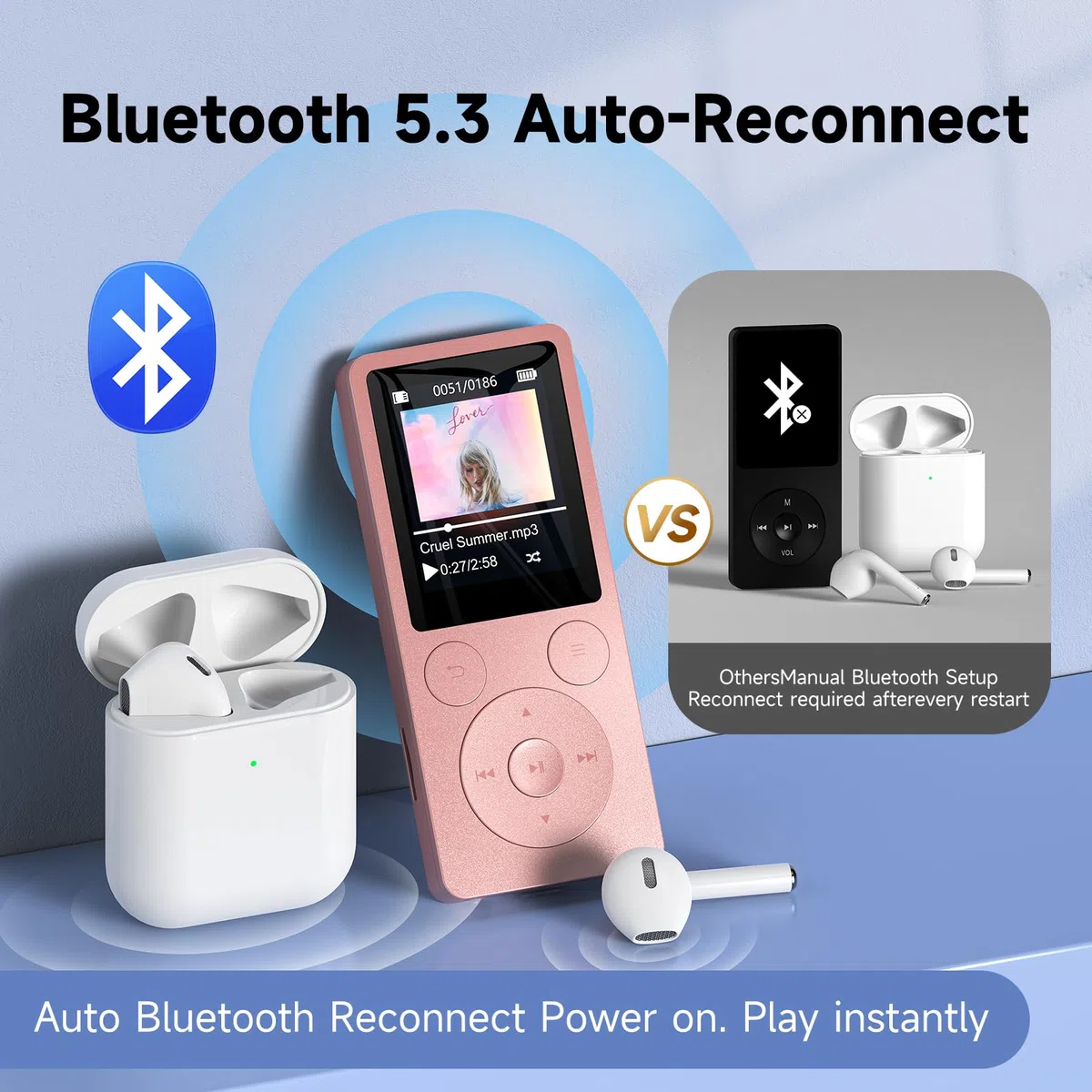 32GB Lettore MP3 Bluetooth 5.3 & Altoparlante – Aggiornamento con Tasti Fisici (Indietro, Menu, Volume), Solo 37g con Cuffie, Radio FM, Registratore Vocale, Design Mini, Espandibile fino a 128GB