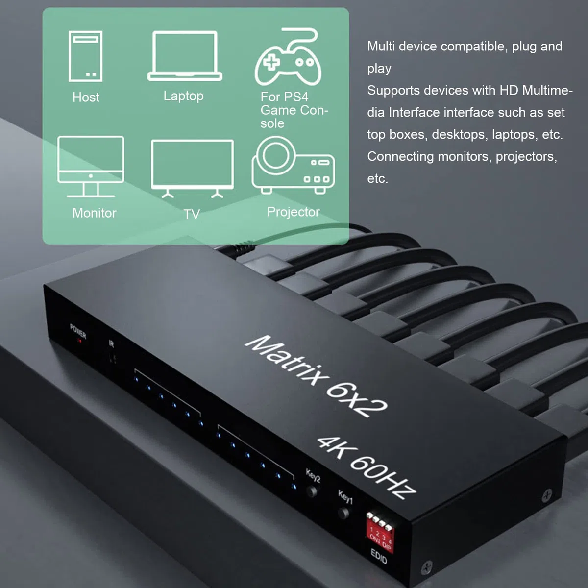 Annadue a Matrice HDMI 6x2,4K HDMI Switcher Splitter 6 in 2 out Box, Supporta Fino a 4K a 60 Hz, EDID, 3D, HDCP 2,2, 3,5 Mm + Uscita Ottica, Telecomando(EU)