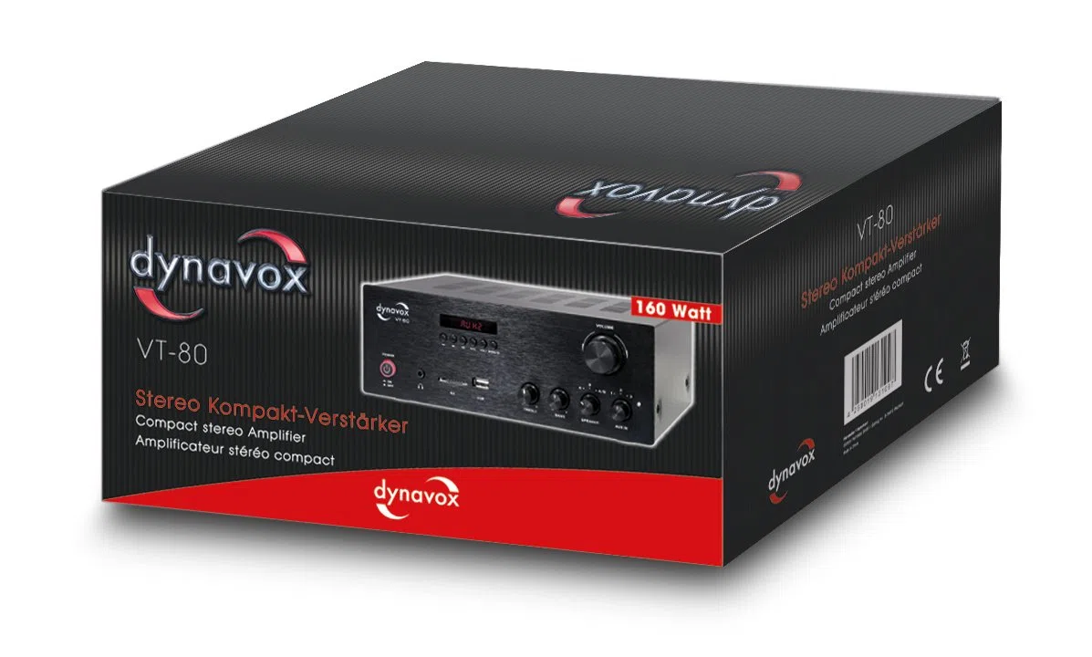 Dynavox VT-80 amplificatore stereo compatto, terminali di connessione a vite per 4 altoparlanti, telecomando solo per ingressi digitali (USB, scheda SD), antenna BT integrata, nero