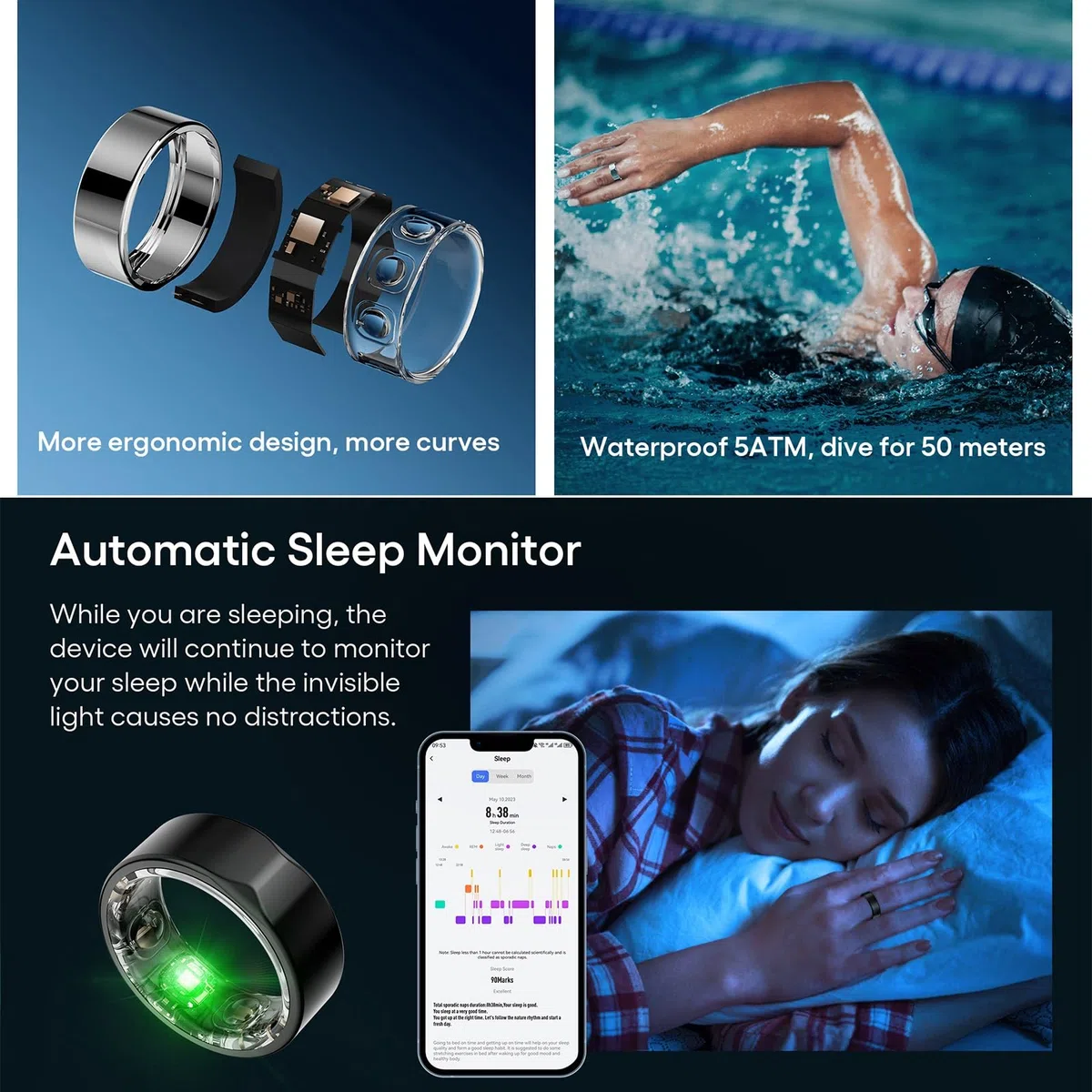 Anello intelligente per il monitoraggio della salute, impermeabile, indossabile con monitoraggio del sonno e del battito cardiaco, risparmio energetico per il monitoraggio della salute delle donne e