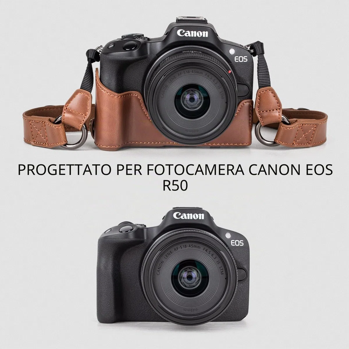 MUZIRI KINOKOO Custodia Protettivo per Canon EOS R50/R100 Fotocamera, Custodia in Pelle PU retrò per EOS R50 EOS R100 DSLR, Apertura inferiore Custodia con Tracolla e Tasca Portaoggetti - Caffè