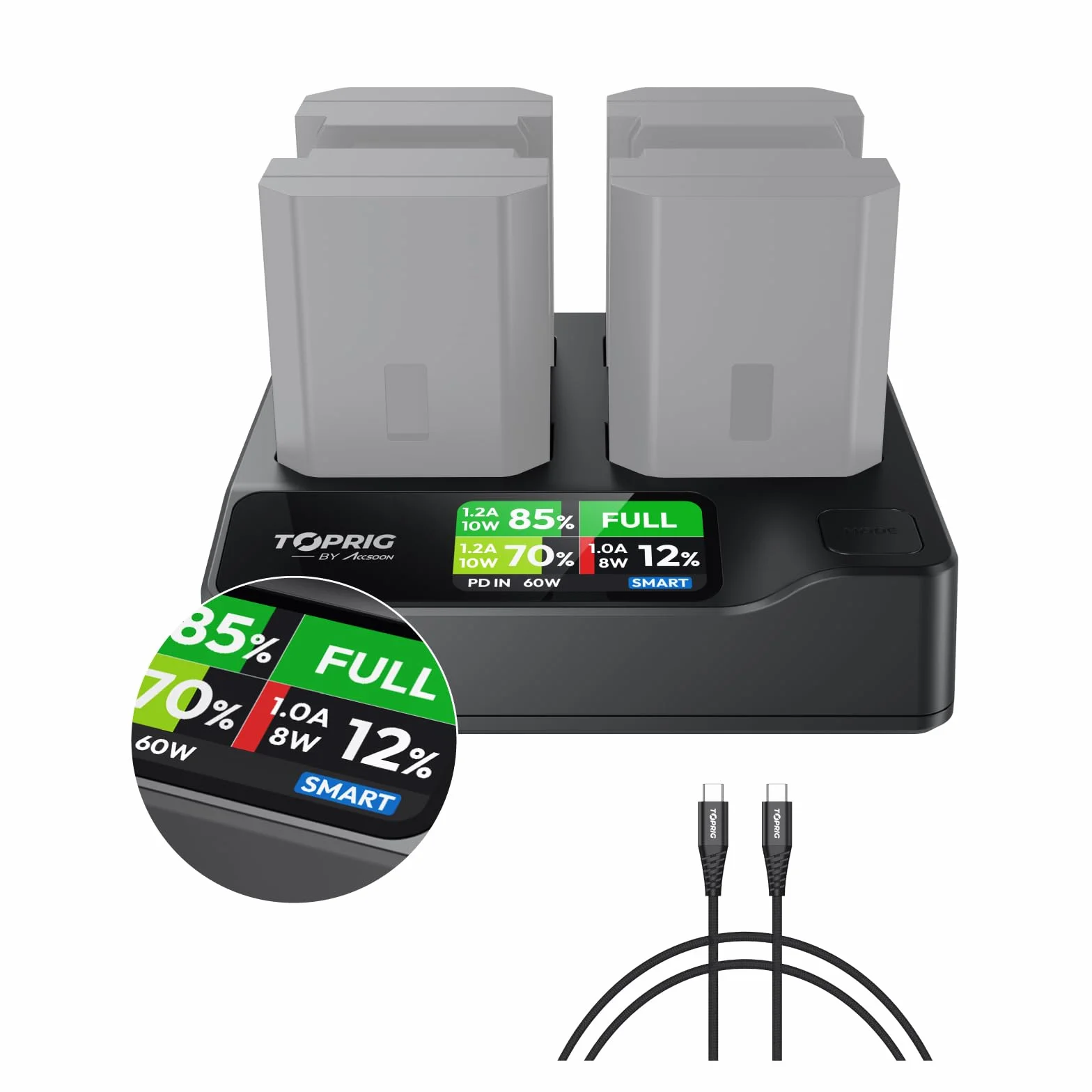 Caricabatterie per fotocamera Toprig NP-FZ100 a 4 canali, display LCD a colori, monitoraggio del livello della batteria in tempo reale, design portatile, compatibile con la batteria Sony NP-FZ100