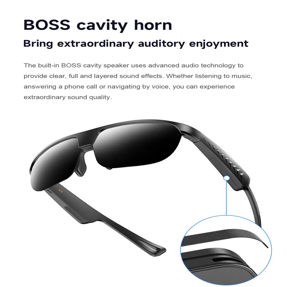 Occhiali Audio Bluetooth con Altoparlanti Boss, Riproduzione Musicale, Controllo della Musica, Risposta alle Chiamate, Traduzione AI, Cancellazione del Rumore ENC, Protezione UV(Anti)