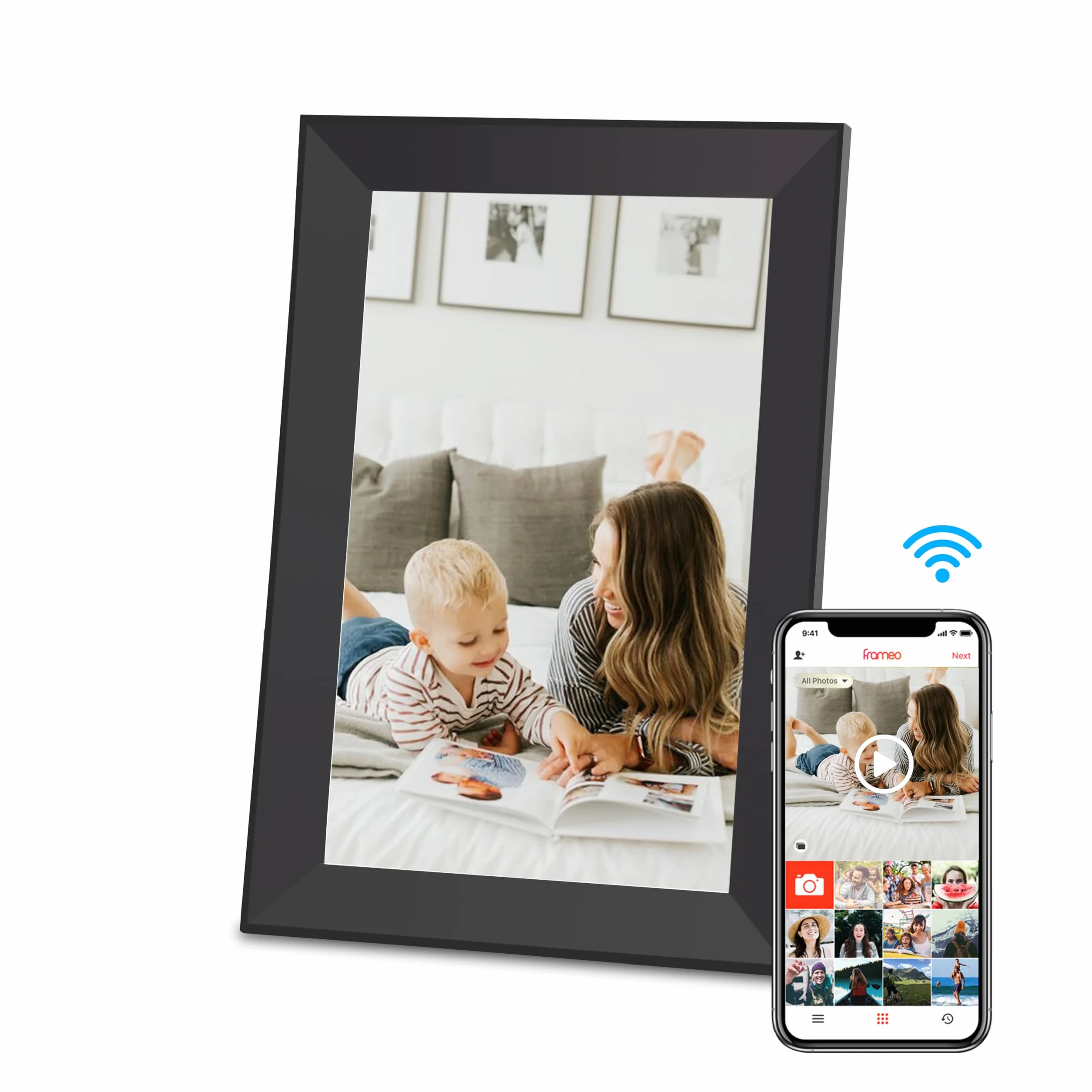 Hesmor Cornice Digitale Foto WiFi 10.1 Pollici 1280x800 32 GB Portafoto Digitale Schermo Tattile IPS LCD Frameo Cornice Foto Digitale Elettronica Rotazione Auto Condividi Foto e Video Tramite, Nero