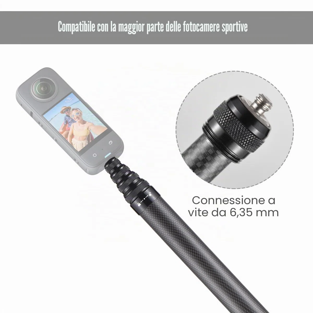 Andoer Bastone per selfie invisibile da 500 cm, supporto in fibra di carbonio, supporto per fotocamera con montaggio a vite da 1/4", compatibile con GoPro/Insta360 X2/X3/X4 e altre fotocamere