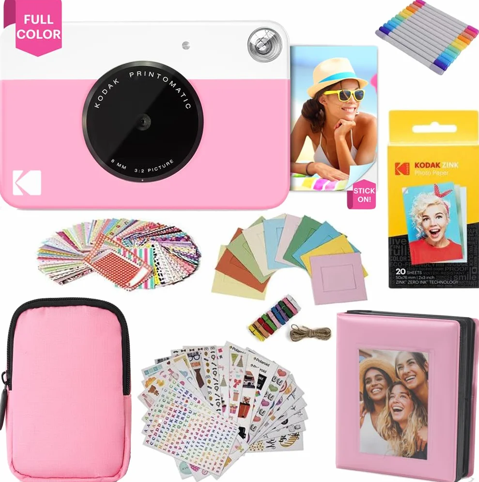 KODAK Printomatic fotocamera a stampa istantanea + custodia morbida + carta fotografica Zink 2x3" 20pz + album + adesivo + cornici per adesivi + cornici sospese + pennarelli - Rosa