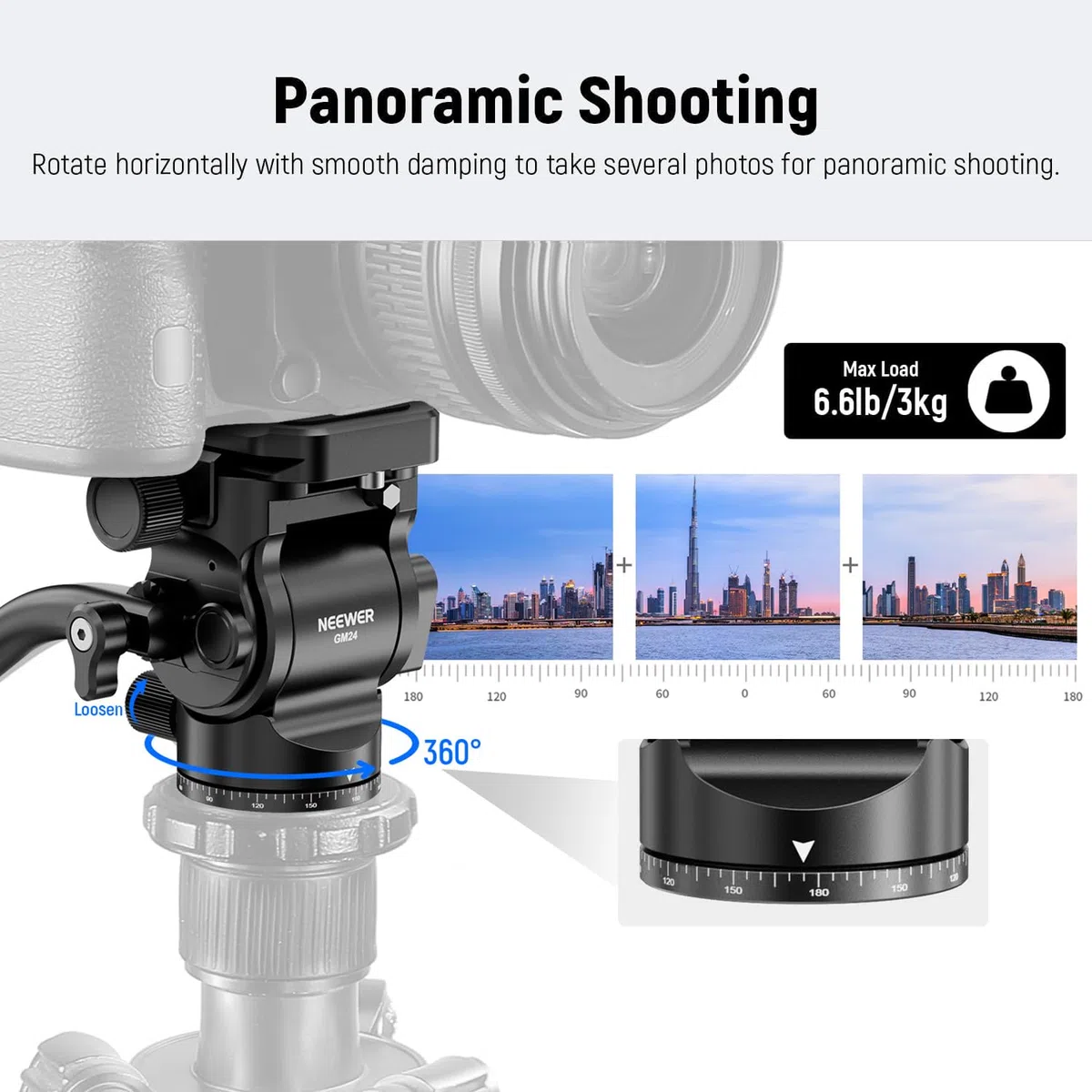 NEEWER Testa Fluida per Treppiede con Piastra Sgancio Rapido e Maniglia, Adattatore Treppiede Fotocamera Pan. Incli. Compatibile con Arca Swiss per Videocamere DSLR Compatte, Max 3kg, GM24 Tutto Nero