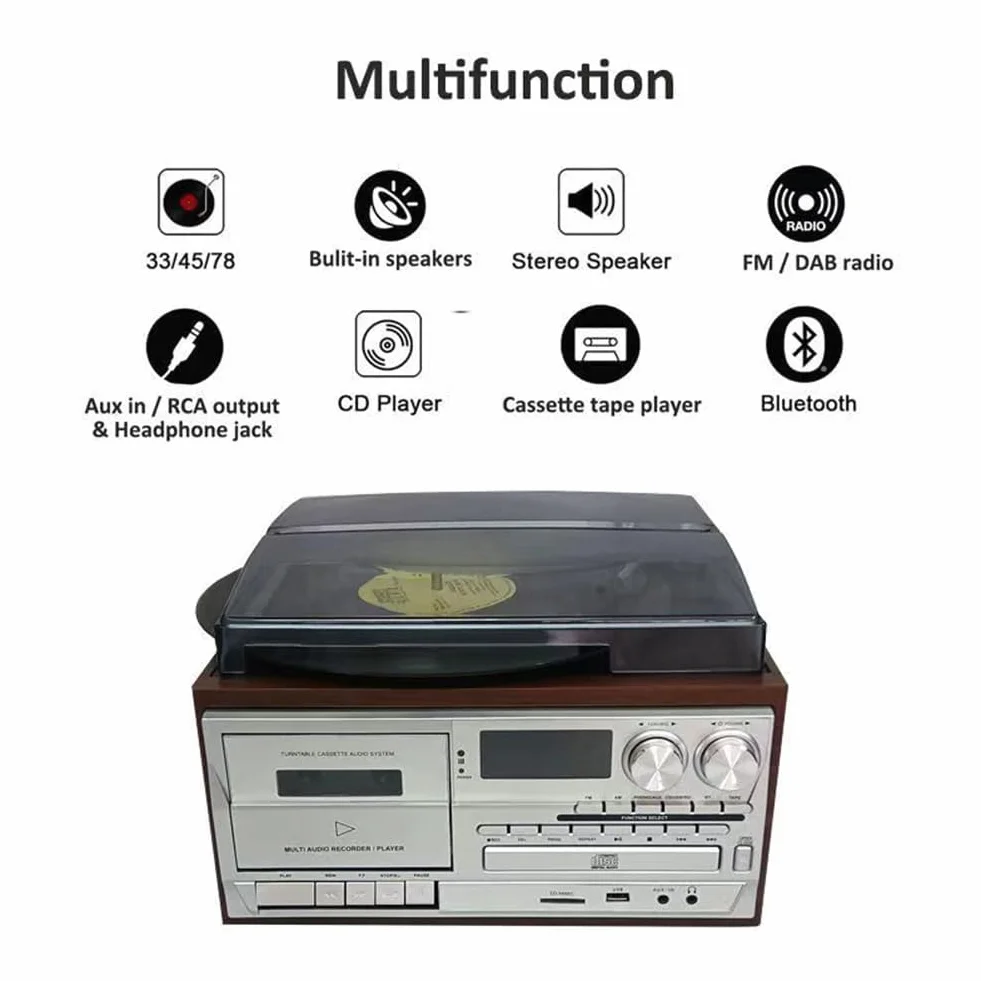 Giradischi Bluetooth 10 in 1 in vinile giradischi, lettore di cassette CD, 33/45/78 giri/min, altoparlanti integrati, pannello di controllo per l'intrattenimento domestico