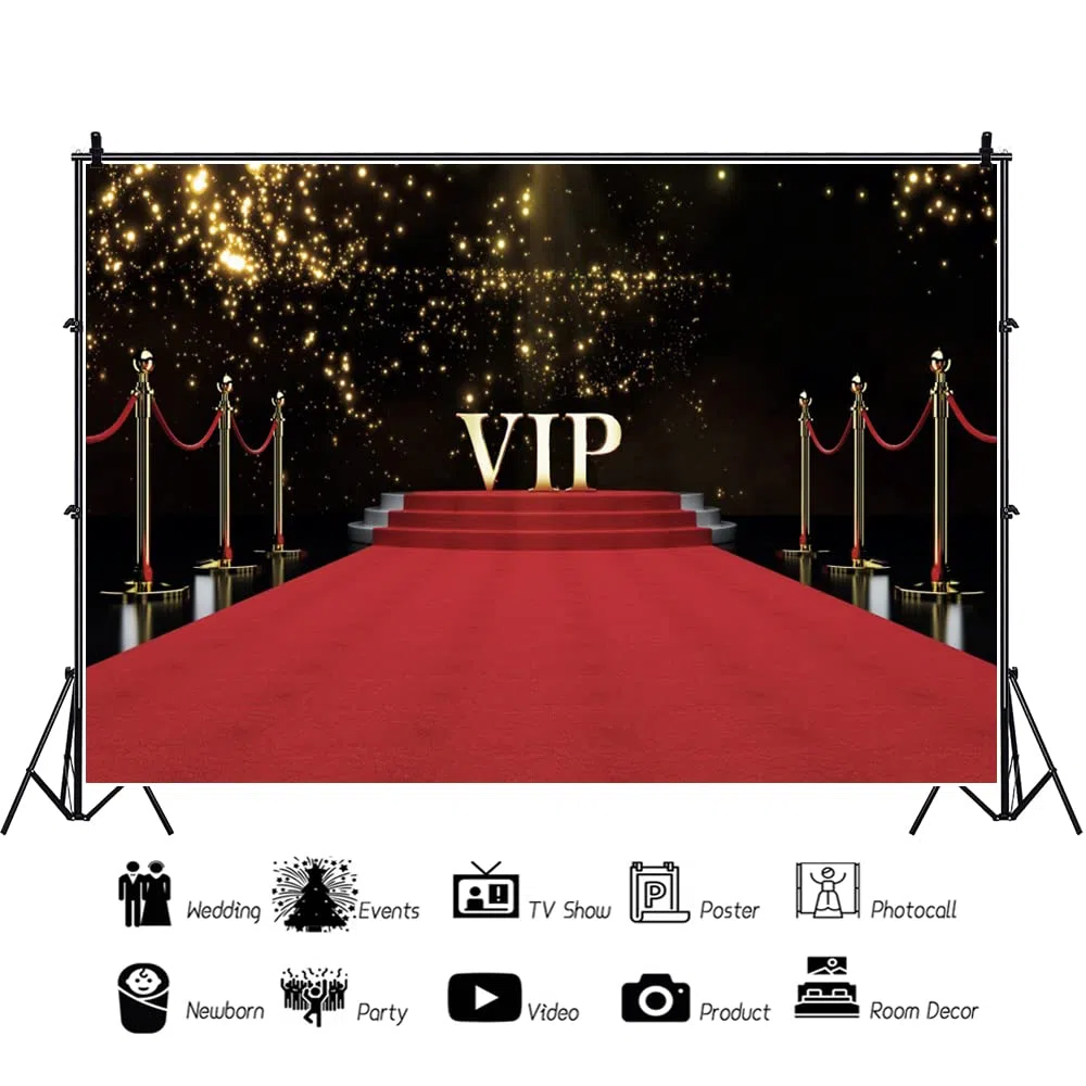 YongFoto 4,5x3m Vinile fondali fotografici VIP Stage Red Carpet Macchie d'oro scintillanti per l'evento di nozze di compleanno Sfondo foto Studio Fotografico Partito Fondale foto