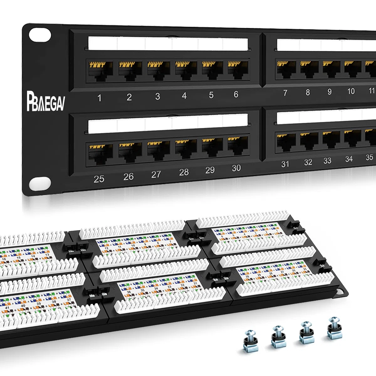 Patch Panel 48 porte montaggio a rack o montaggio a parete Cat6 2U Patch Panel di rete 19" RJ45 Patch Panel per rete 10 Gigabit, 110 o Krone Impact Tools compatibile (Cat6)