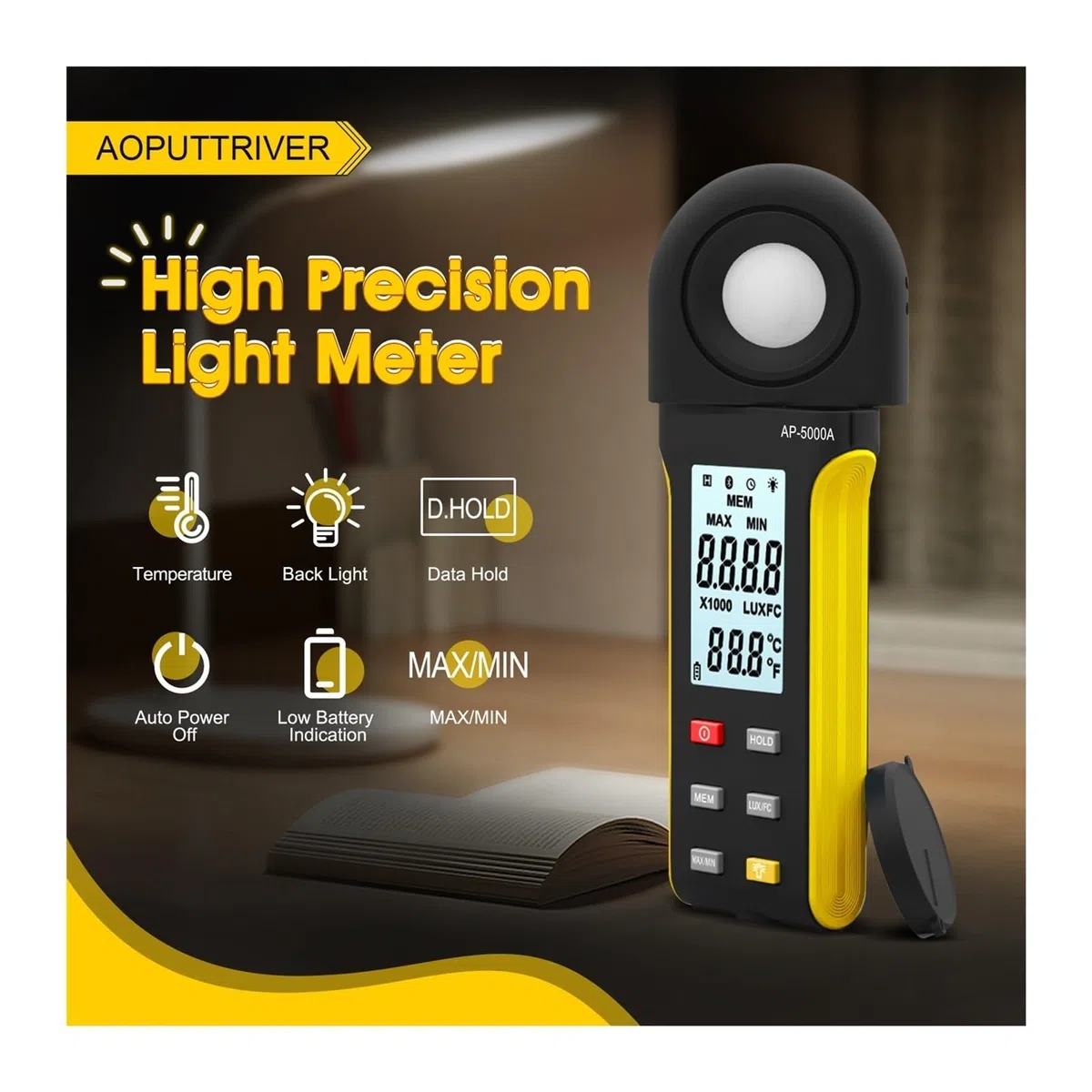Tester di Luce Digitale Luxmetro Digitale ad Alta precisione -5000A, Ampio intervallo da 1 a 400.000 Lux, Interruttore unità Lux/FC, Registrazione Max/MIN, Display Integrato | Szary