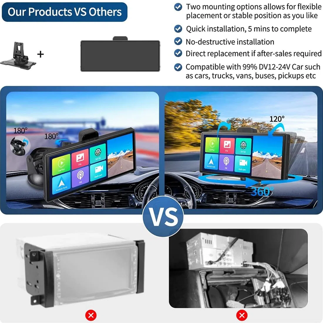 Portatile Autoradio con Carplay wireless Android Auto, auto Monitor touch screen IPS da 9,3" con telecamera retromarcia AHD/DVR/Trasmettitore FM/Bluetooth/AUX/Mirror Link Dash o parabrezza montato