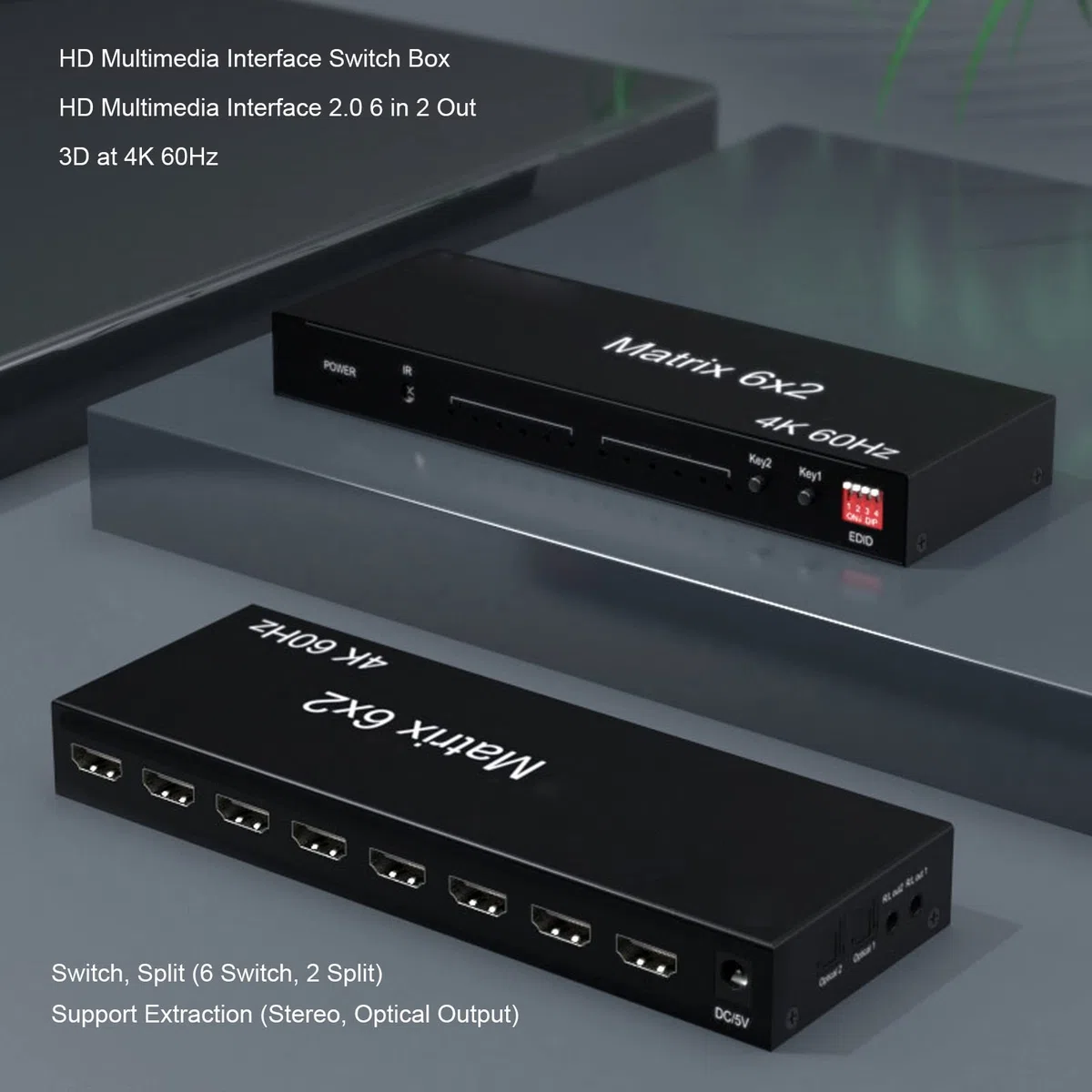 Annadue a Matrice HDMI 6x2,4K HDMI Switcher Splitter 6 in 2 out Box, Supporta Fino a 4K a 60 Hz, EDID, 3D, HDCP 2,2, 3,5 Mm + Uscita Ottica, Telecomando(EU)