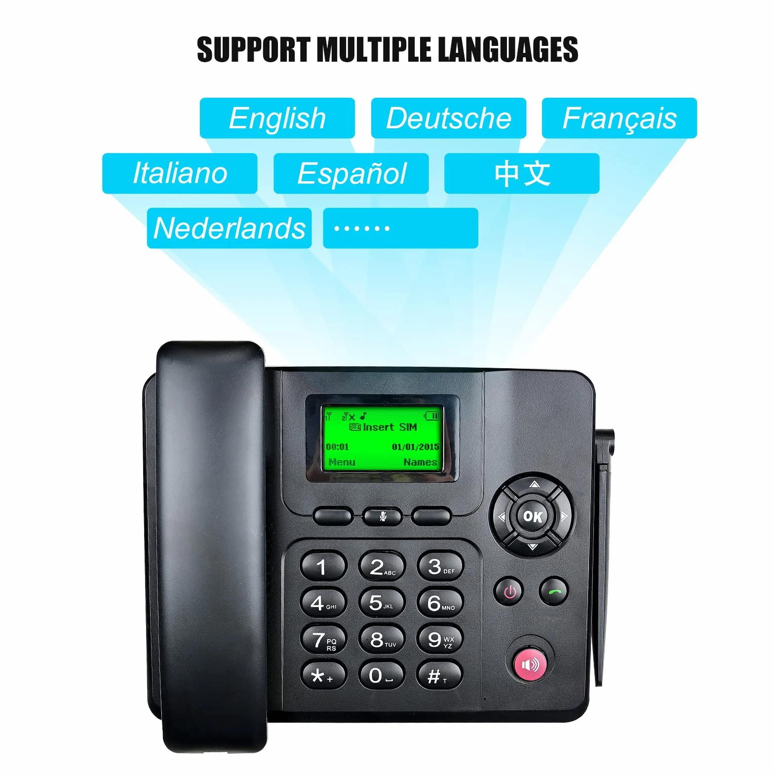 Lychee Wireless Classico Telefono Fisso GSM Quad-band - Dual SIM Card,Supporto Multilingue(Compreso l'italiano), Ampio Display Retroilluminato,Ideale per Casa/Hotel/Ufficione