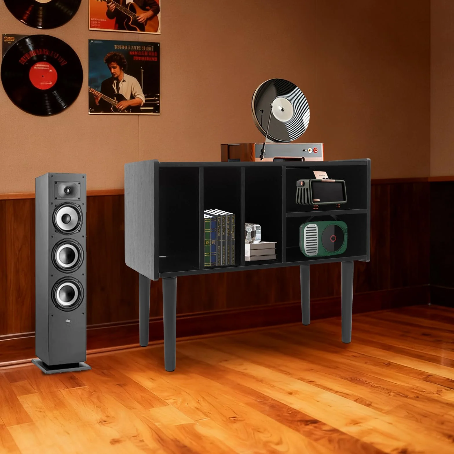 Supporto per giradischi della metà del secolo con contenitore in vinile per fino a 220+ album, Black Vinyl Holder Storage Shelf for Bedroom Living Room