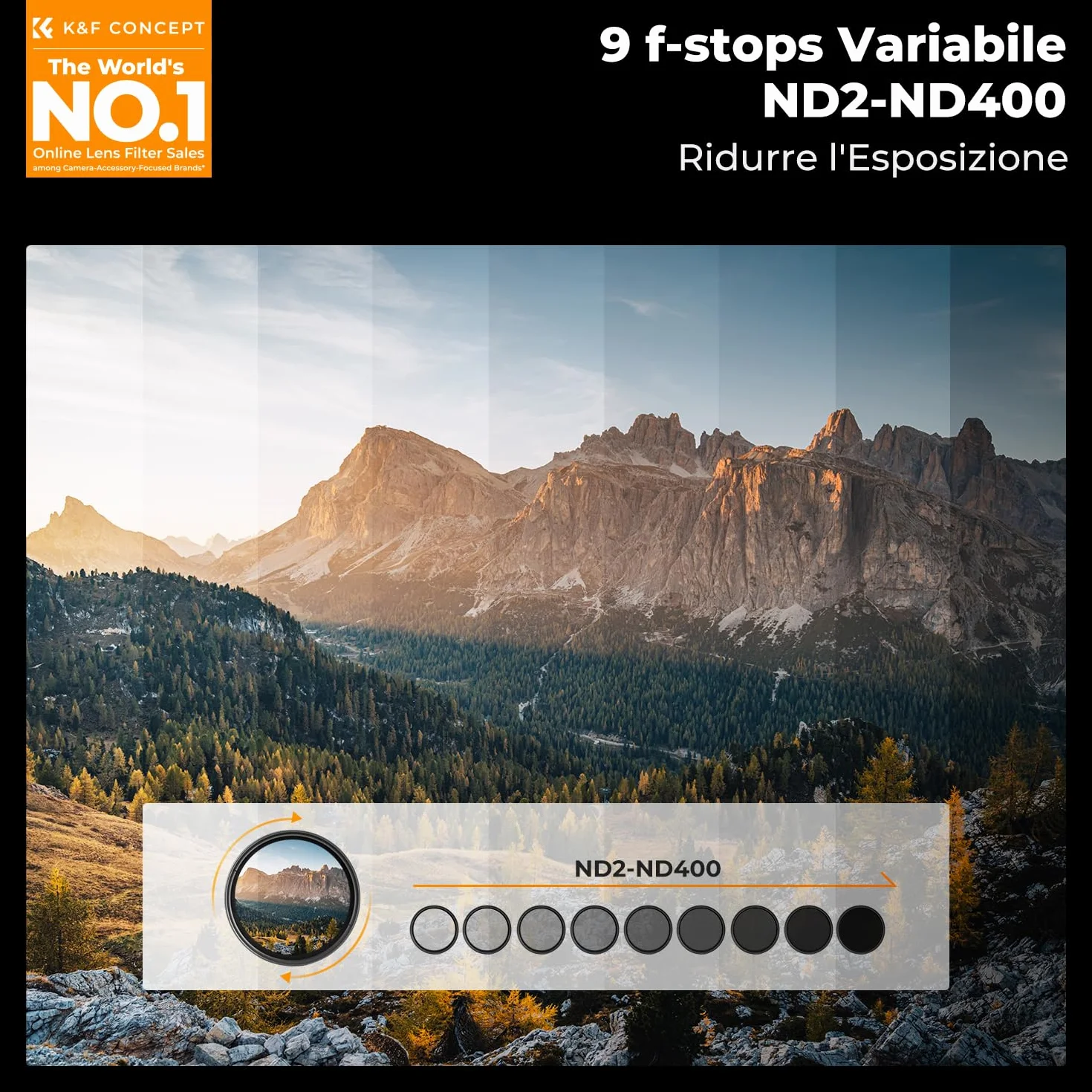 K&F CONCEPT Nano-Basic ND Filtro Variabile ND2-400 Filtro in Vetro Ottico con 3 Pezzi di Panno per Pulizia