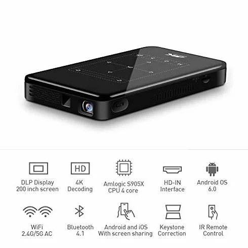 Mini proiettore tascabile, proiettore Smart DLP Pico Supporto ingresso HD/decodifica 4K HD con HDMI USB/touch screen/RC, per home theater, feste in famiglia (Android 6.0)(ME)