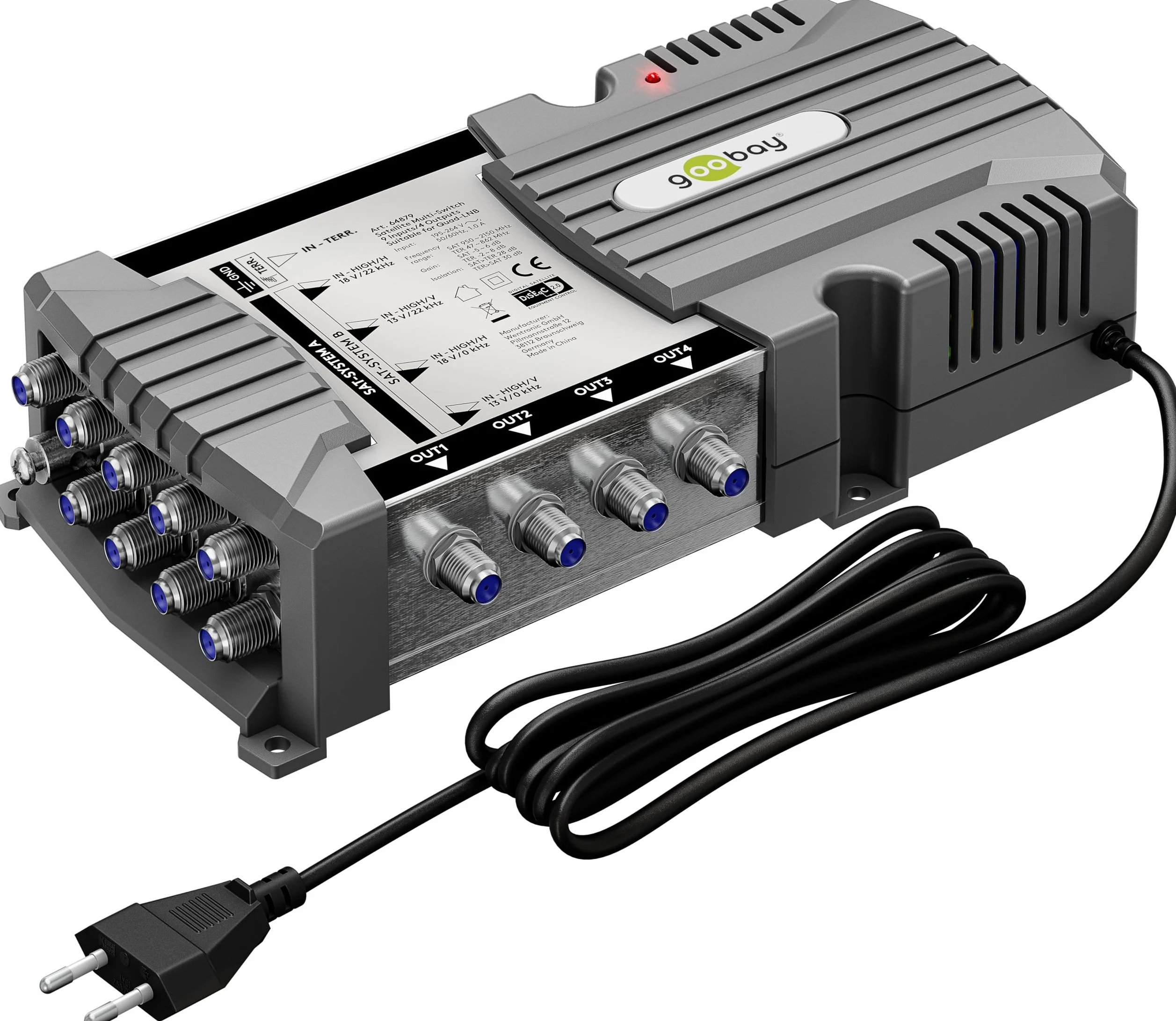 goobay 64879 - Interruttore multiswitch satellitare compatto, 9 ingressi, 4 uscite, 4 K, 8 K, UHD/DAB+, per 4 partecipanti