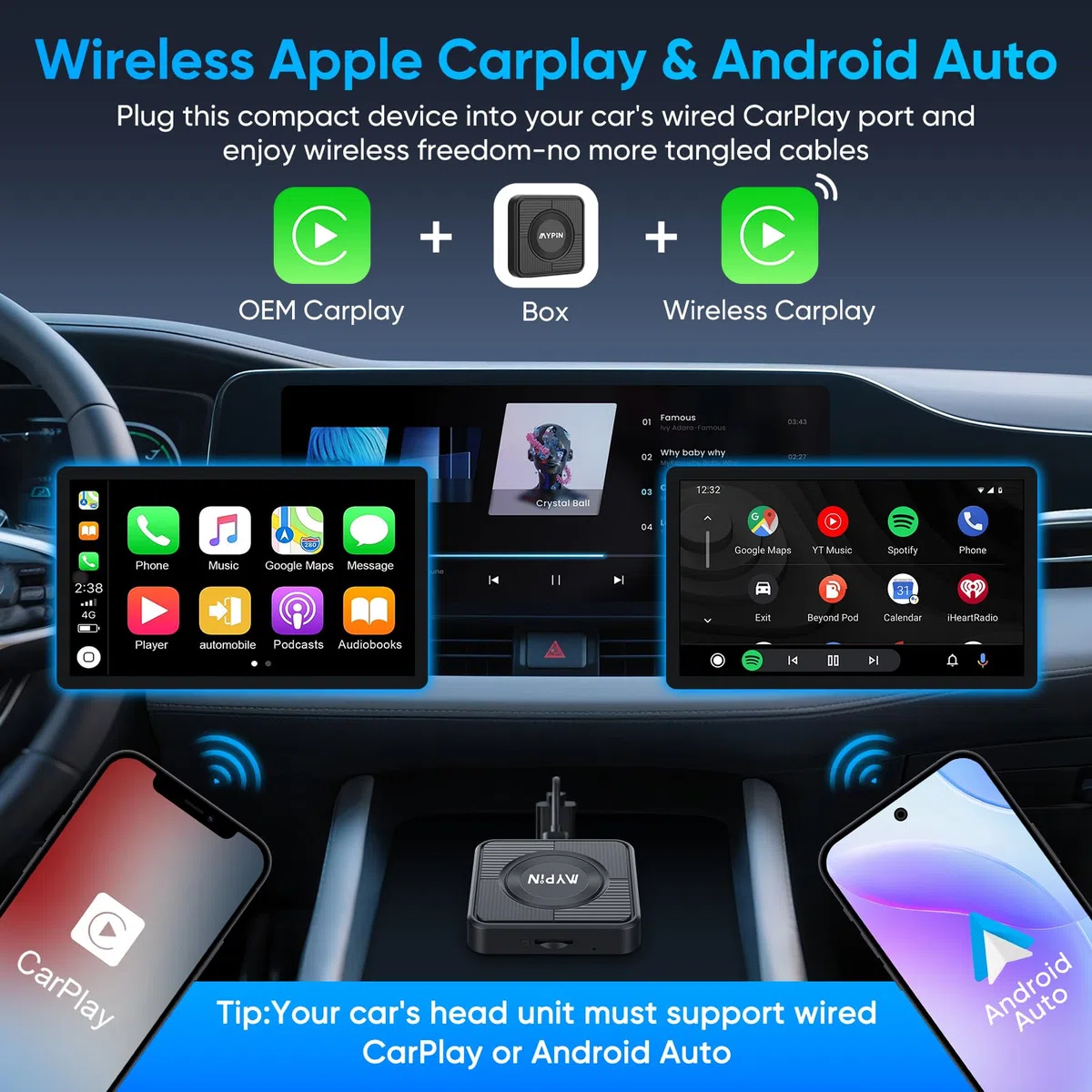 MYPIN Adattatore Wireless CarPlay 3 in 1, per Android Auto e Video, con Supporto Netflix/YouTube e Slot per Schede TF, Plug & Play, Compatibile con USB Type-C/A, per iPhone e Android