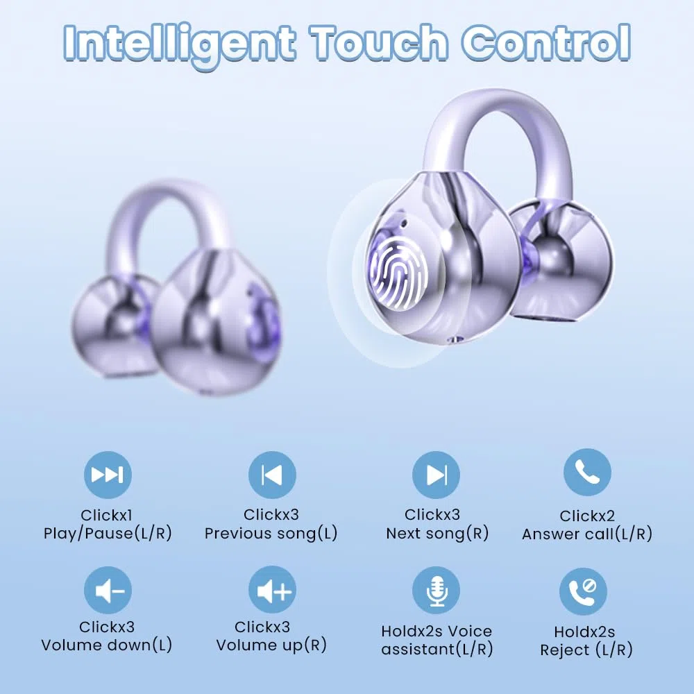 Auricolari a clip senza fili Bluetooth 5.4 con microfono, 60 ore di riproduzione, cancellazione del rumore, impermeabili, sportivi, comodi per orecchie piccole e portatori di occhiali