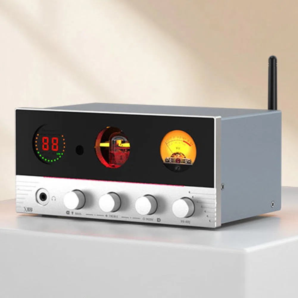 Amplificatore Audio HiFi, Amplificatore valvolare con VU Meter, Bluetooth 5.4 e Telecomando, 7 luci ambientali per Home Theater e diffusori passivi, ingressi ottici e coassiali. (Silver)