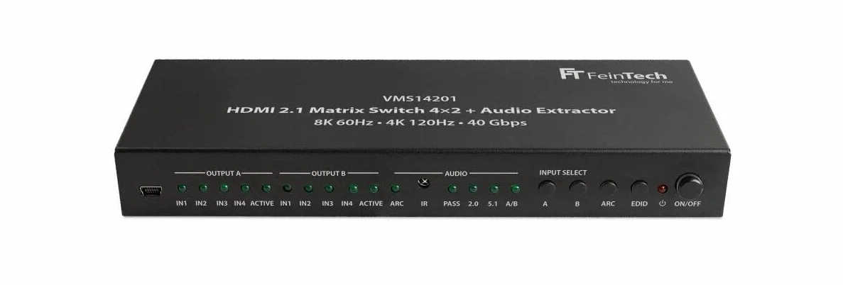 FeinTech VMS14201 HDMI 2.1 Matrix Switch 4x2 Commutatore 4K 120Hz 8K Ultra HD 4 in 2 Out Audio Extractror ARC Toslink SPDIF Downscaler per Xbox PS5 TV Monitor HDR VRR 40Gbps