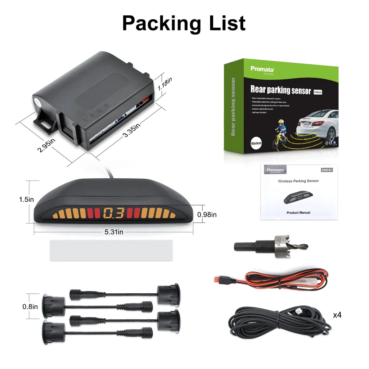 Promata PSW-81 - Sistema radar di retromarcia da 12 V 24 V, kit di parcheggio wireless con 4 sensori da 58 Hz per auto, camion, rimorchio, display capovolto con volume di allarme regolabile