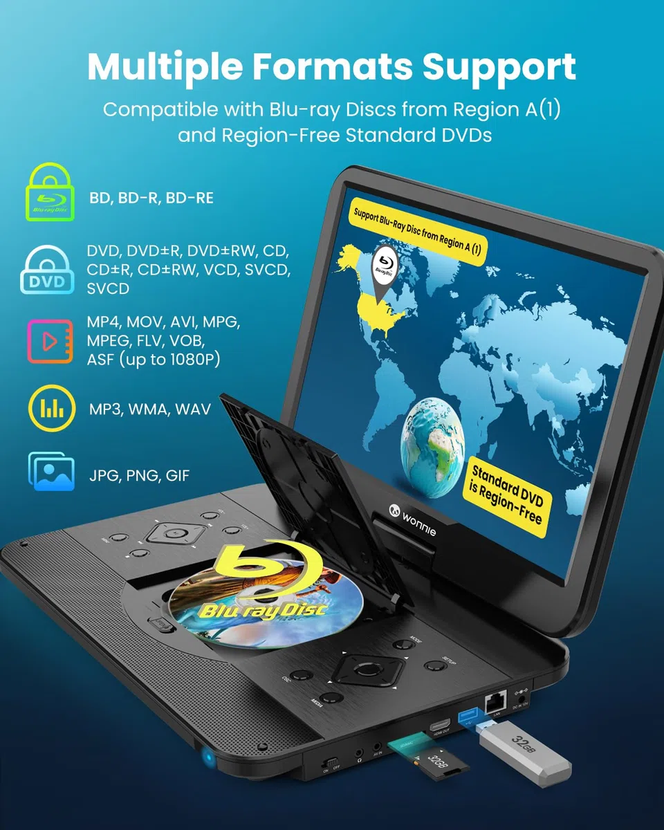 WONNIE Lettore DVD portatile Bluray con schermo 1080p Full HD da 15,6 pollici, grande schermo girevole, suono surround, supporto ultima memoria, uscita HDMI, ingresso AV, scheda USB/SD