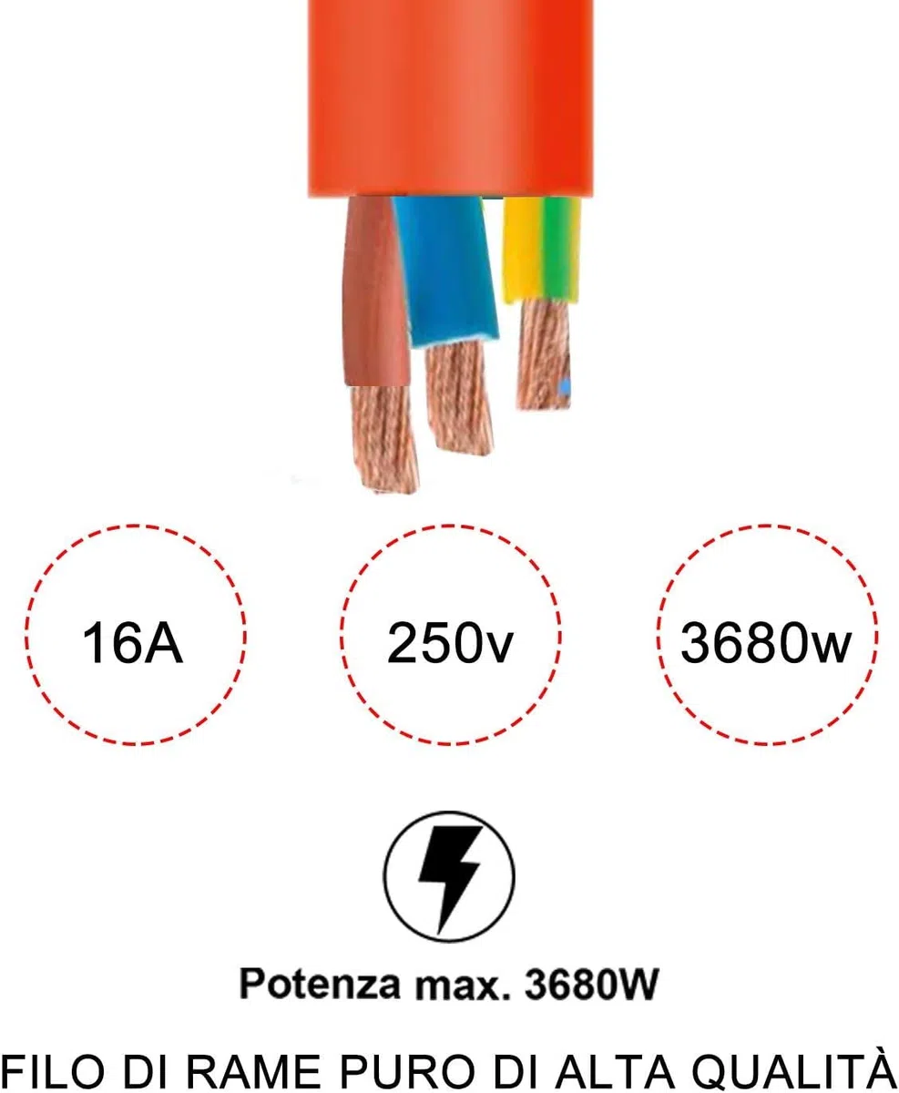 Prolunga Elettrica (20 Metri), Sezione Cavo 3X1.5mm², Spina Italiana 16A, Presa Multistandard Bipasso Schuko 10/16A, Max 3500W 250V, Supporto Avvolgicavi Incluso (20 Metri)