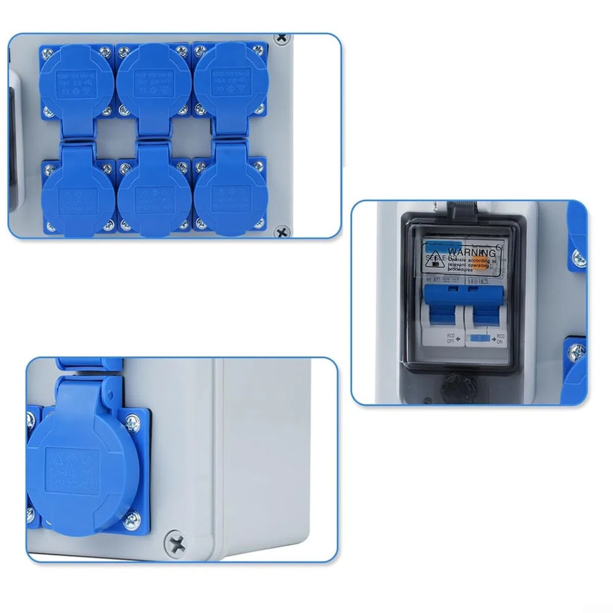 Distributore da parete IP54, a 6 scomparti, con interruttore FI 1P+N, 250 V/16 A, alloggiamento in ABS, impermeabile, antipolvere, per officina, garage, edilizia, esterni, grigio blu