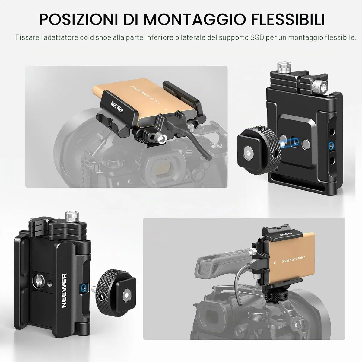 NEEWER Supporto SSD Staffa di Montaggio con Coldshoe Clip Cavo, 1,6-2,6" per Samsung T5 T7 SSD SanDisk Compatibile con SmallRig Cage per BMPCC 4K 6K Compatibile con iPhone 15 Pro Max Phone Cage, UA035