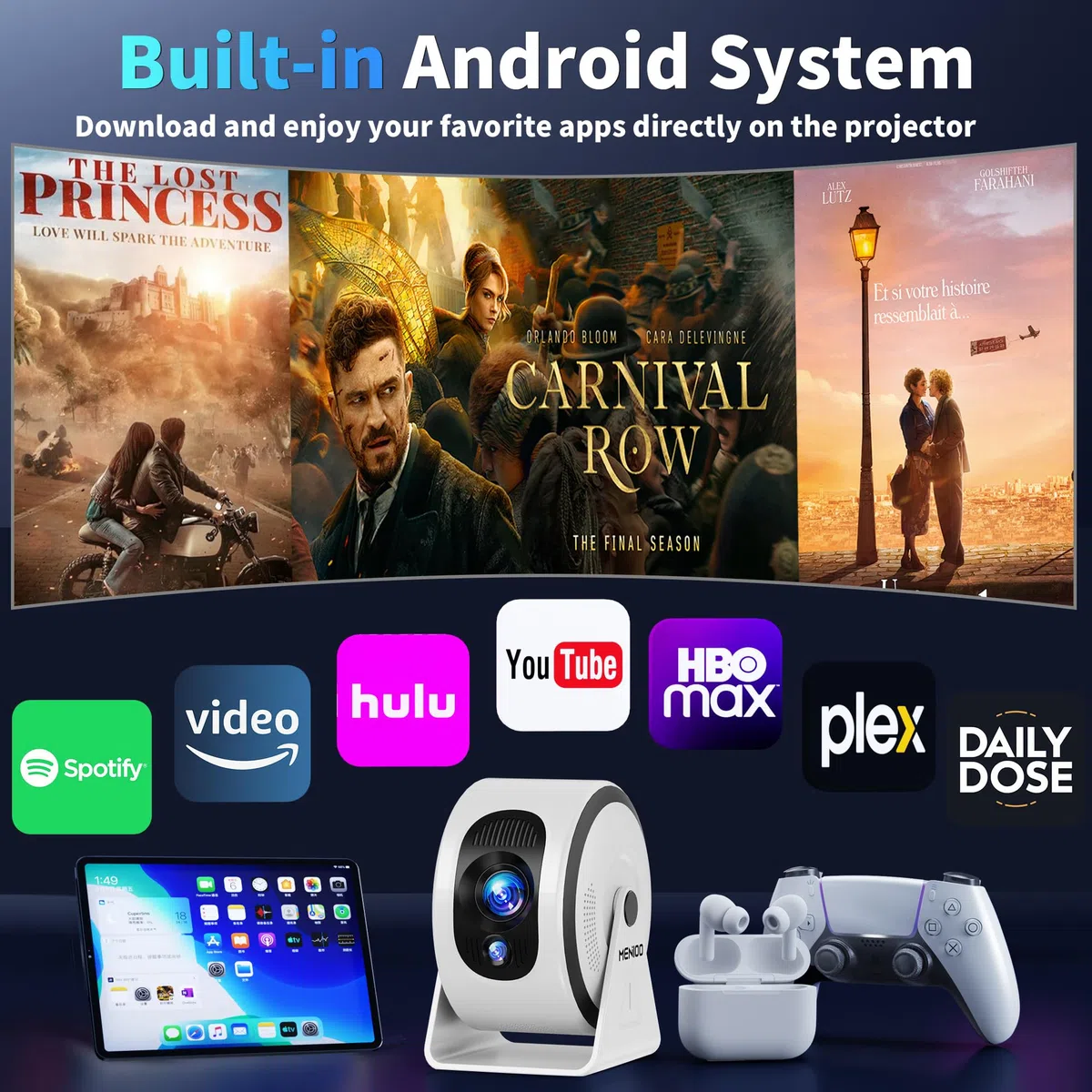 Mini proiettore [app integrate] Proiettore 4K 1080P, 2026 aggiornato Auto Focus & Auto Keystone 360 ° Proiettore portatile con WiFi 6 e Bluetooth 5.4 compatibile con HDMI/TV Stick/USB/laptop, bianco