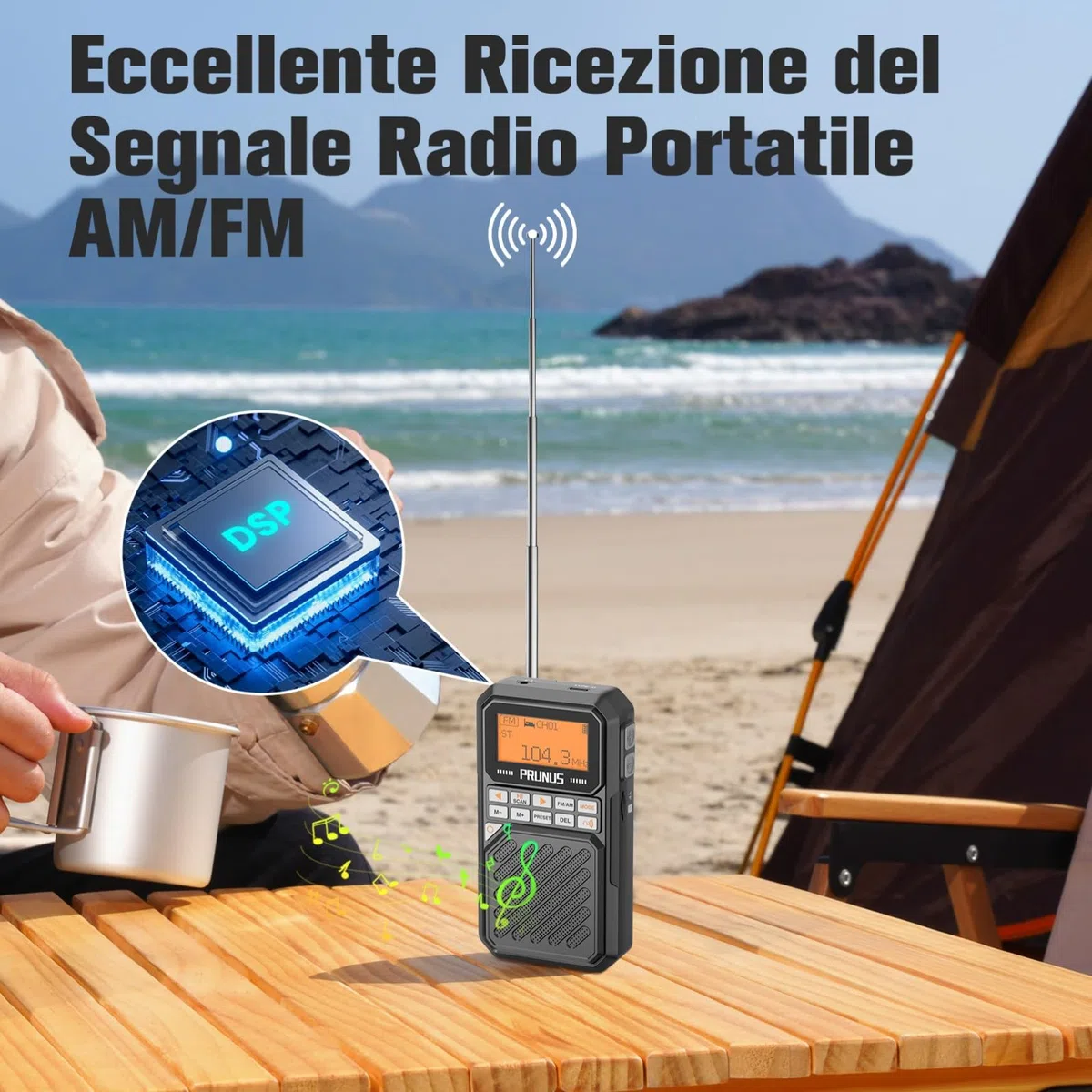 PRUNUS J-525 Radio Portatile AM/FM con Connessione per Auricolari Bluetooth, Mini Radiolina Ricaricabile da 2500 mAh, Radio Digitale con Jack per Cuffie, Slot per Scheda TF, Timer di Sonno.