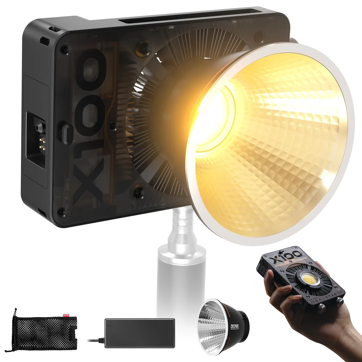 ZHIYUN MOLUS X100 [Ufficiale] Luce video 100 W, COB LED Illuminazione video portatile, Bi-Color Streaming Lampada con 17317 Lux/ 2700~6500K/ CRI≥95/ TLCI≥97/ Controllo APP, Batteria non inclusa