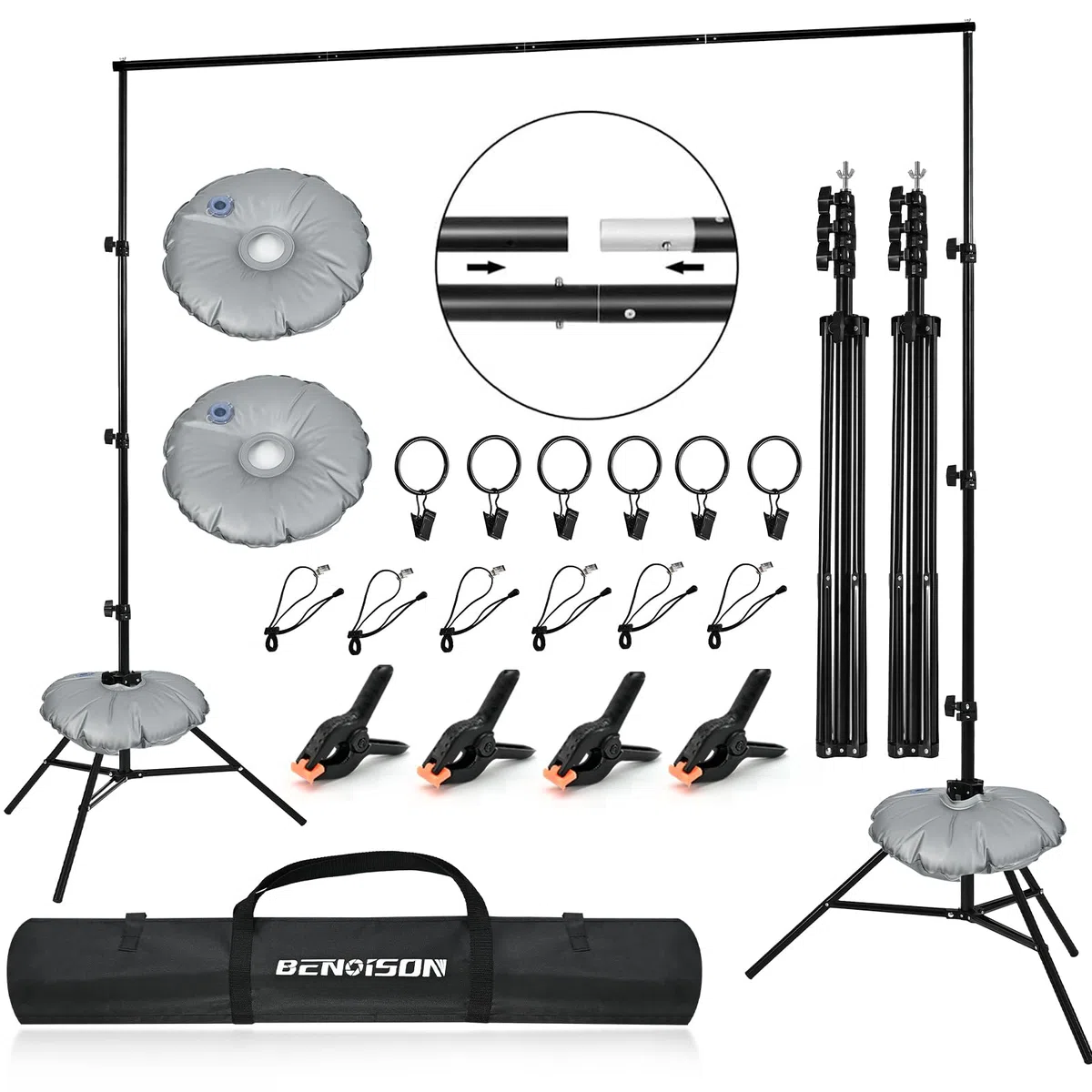 BENOISON Supporti per Sfondi - 2,6x3m Professional Regolabile Supporto di Fondale Fotografico Forte Portatile con 10 clips & 2 sacche d'acqua per Studio Fotografico, Live Streaming, Matrimoni (Nero)