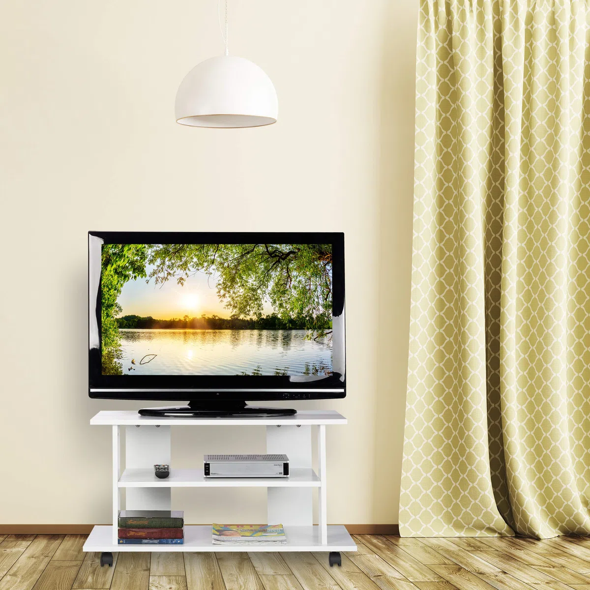 Relaxdays Mobiletto per la Televisione con Ruote, 2 Ripiani Decoder Console Porta TV Mobile HLP 45x80x40 cm, Bianco