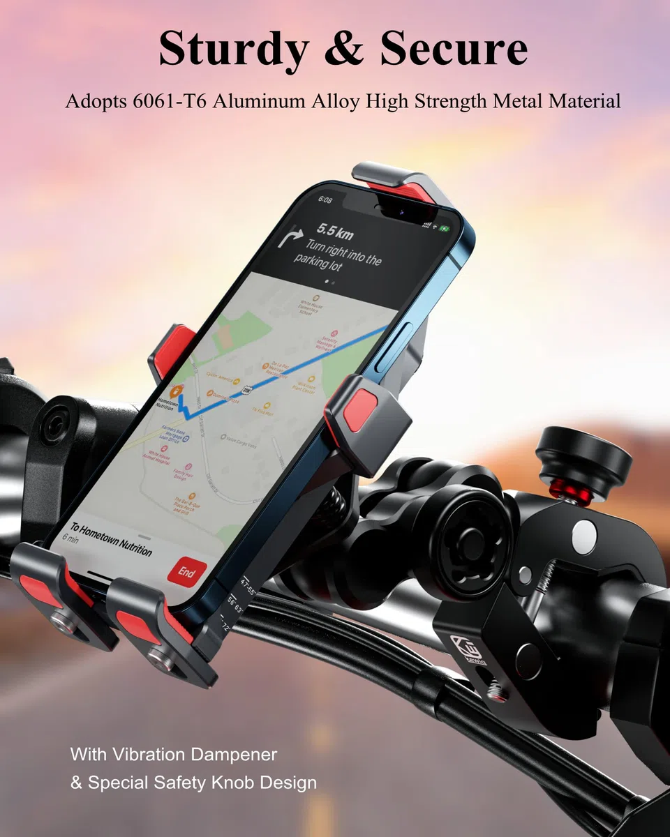 BRCOVAN Lega Alluminio Supporto Telefono Motociclo con Smorzatore Vibrazioni, Metallo Manubrio Porta Telefono per ATV UTV Bici Moto Scooter per 4.7''-7.2'' Smartphone, Nero