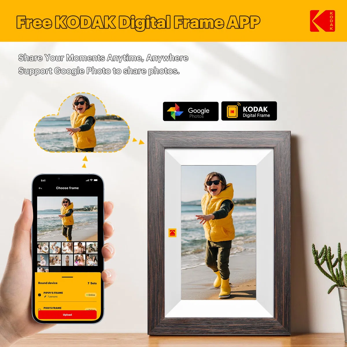 KODAK Cornice Digitale WiFi Cornice Foto Digitale, 7 Pollici HD IPS Touchscreen, Legno Cornici Elettronica con 32GB di Memoria, Portafoto Digitale Condivisione di Foto/Video via APP o Cavo di USB C