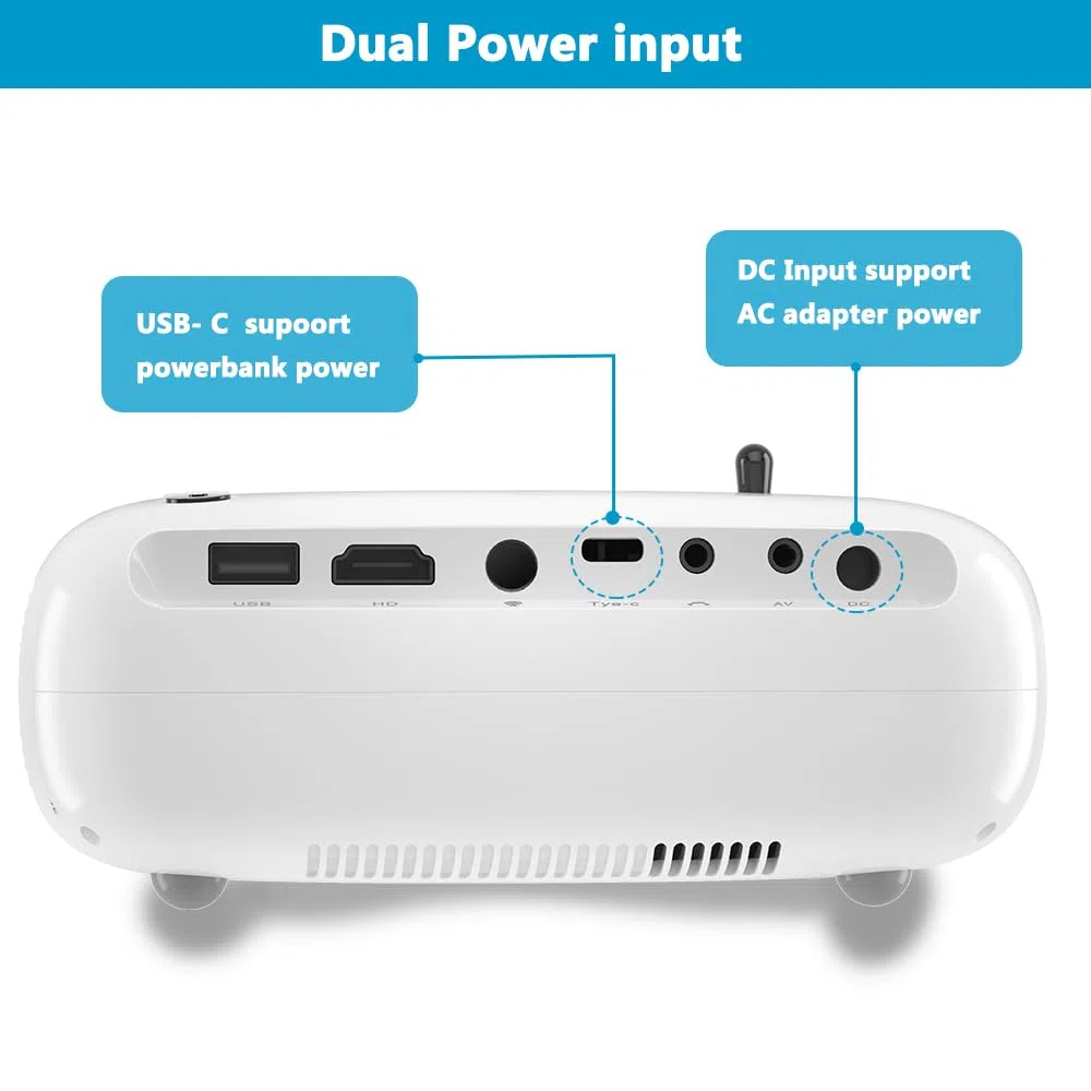 Mini proiettore HD, alimentato da Powerbank, 10000 lumen portatile con treppiede per cinema di viaggio all'aria ultima intervento, compatibile con Android/iOS/Windows/TV Stick/HDMI/USB