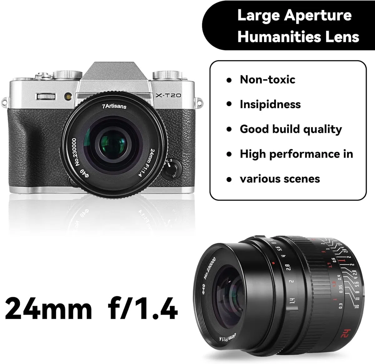7artisans Obiettivo manuale a focale focale da 24 mm F1.4 APS-C, apertura ampia, compatibile con fotocamere mirrorless Fuji X, X-A1, X-A10, X-A2, X-A3, A-at, X-M1, XM2, X-T1, X-T10, X-T2, X-T20,