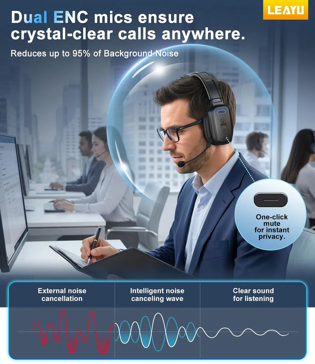 LEAYU Cuffie Bluetooth, 60 ore con cancellazione del rumore V5.2, cuffie wireless con microfono, pulsante muto, multipunto, per cellulari, PC, computer, camion, autista, ufficio, lavoro, nero
