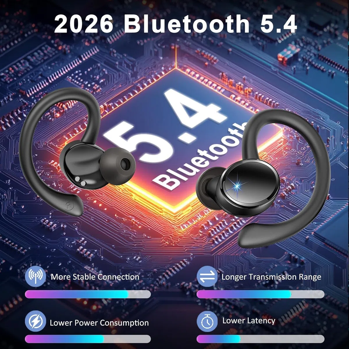 2026 Auricolare Bluetooth Senza Fili Sport Auricolare Bluetooth 5.4 con HiFi Stereo, 50H Auricolare Bluetooth 4 ENC Riduzione Rumore Mic, Schermo LED Cuffie per Running, IP7 Impermeabile Auricolare