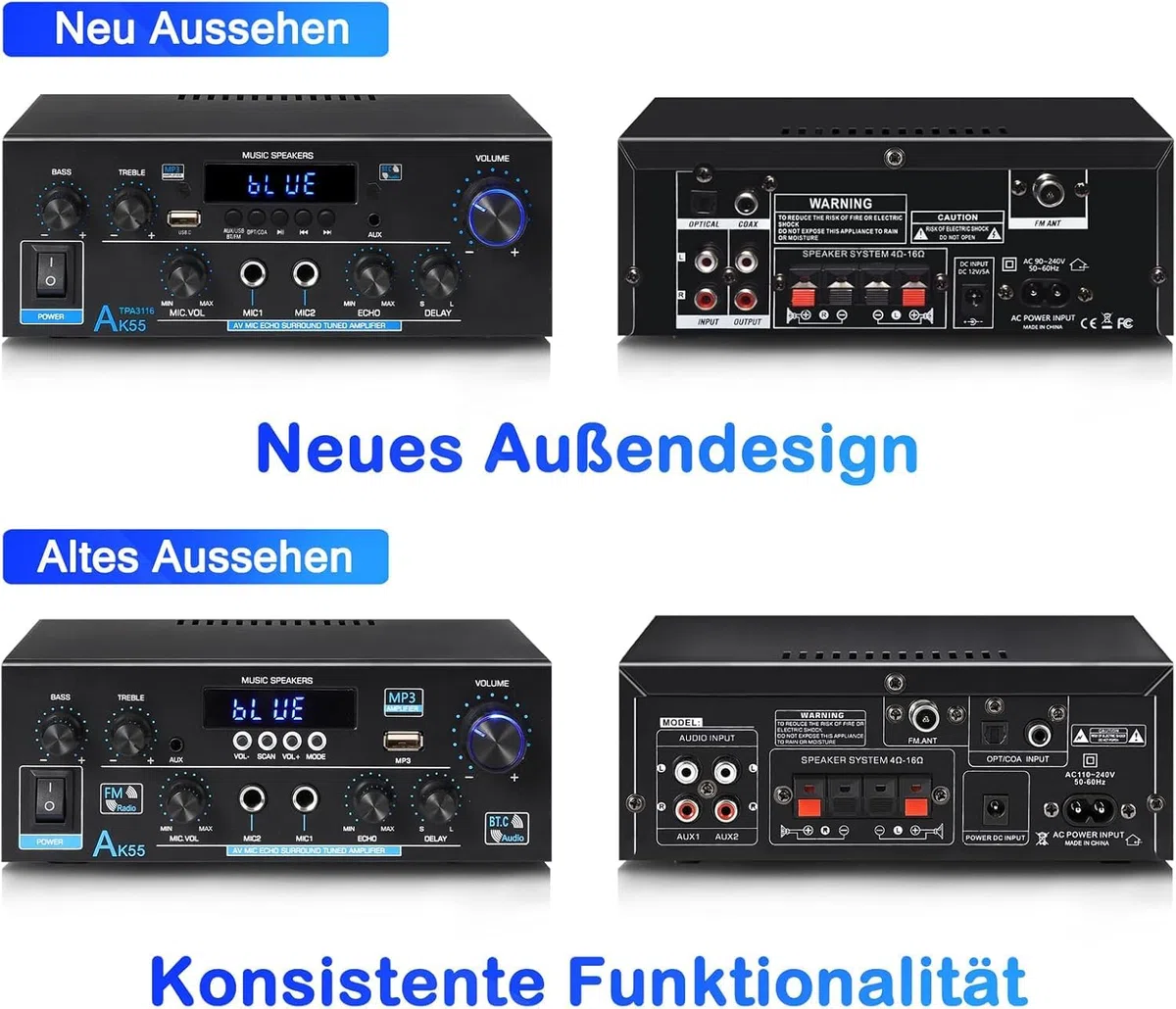 Woopker AK55 Amplificatore Audio Bluetooth 5.0, Amplificatore HiFi Stereo, 70wx2 potenza nominale 2.0 CH Mini Amplificatore Ricevitore Stereo Amp per auto Home Theater, W/2 Mic/SD/RCA/USB/FM Radio
